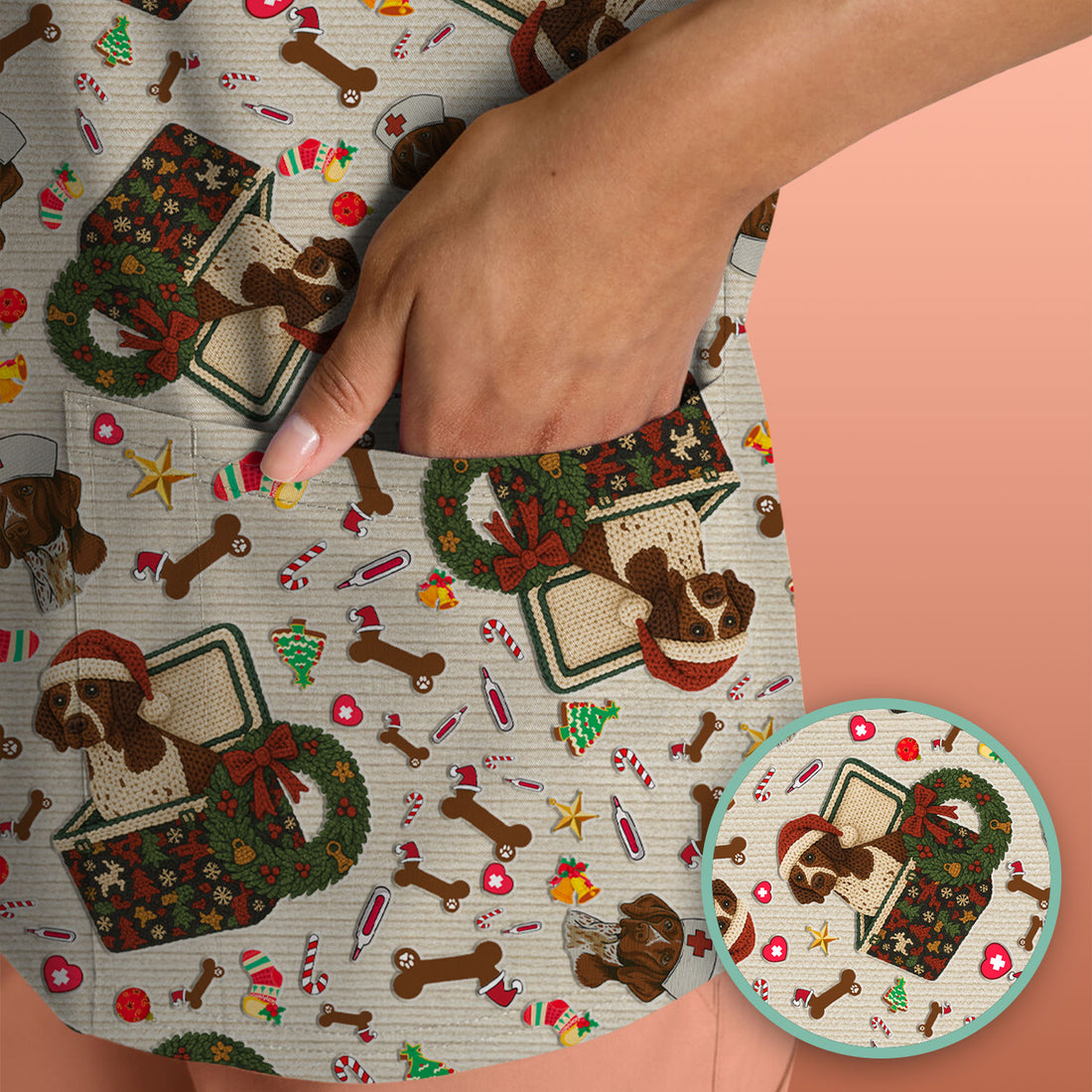 Funny Christmas Dog Scrub Top – Cute Pet Lover Holiday Pattern – Festive Medical Uniform for Nurses and Animal Care Workers