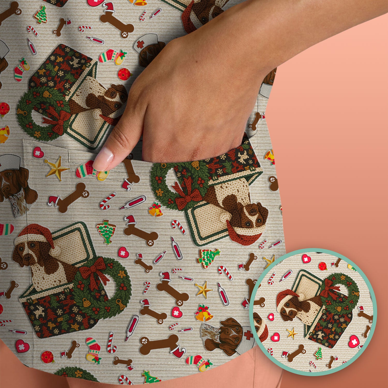 Funny Christmas Dog Scrub Top – Cute Pet Lover Holiday Pattern – Festive Medical Uniform for Nurses and Animal Care Workers