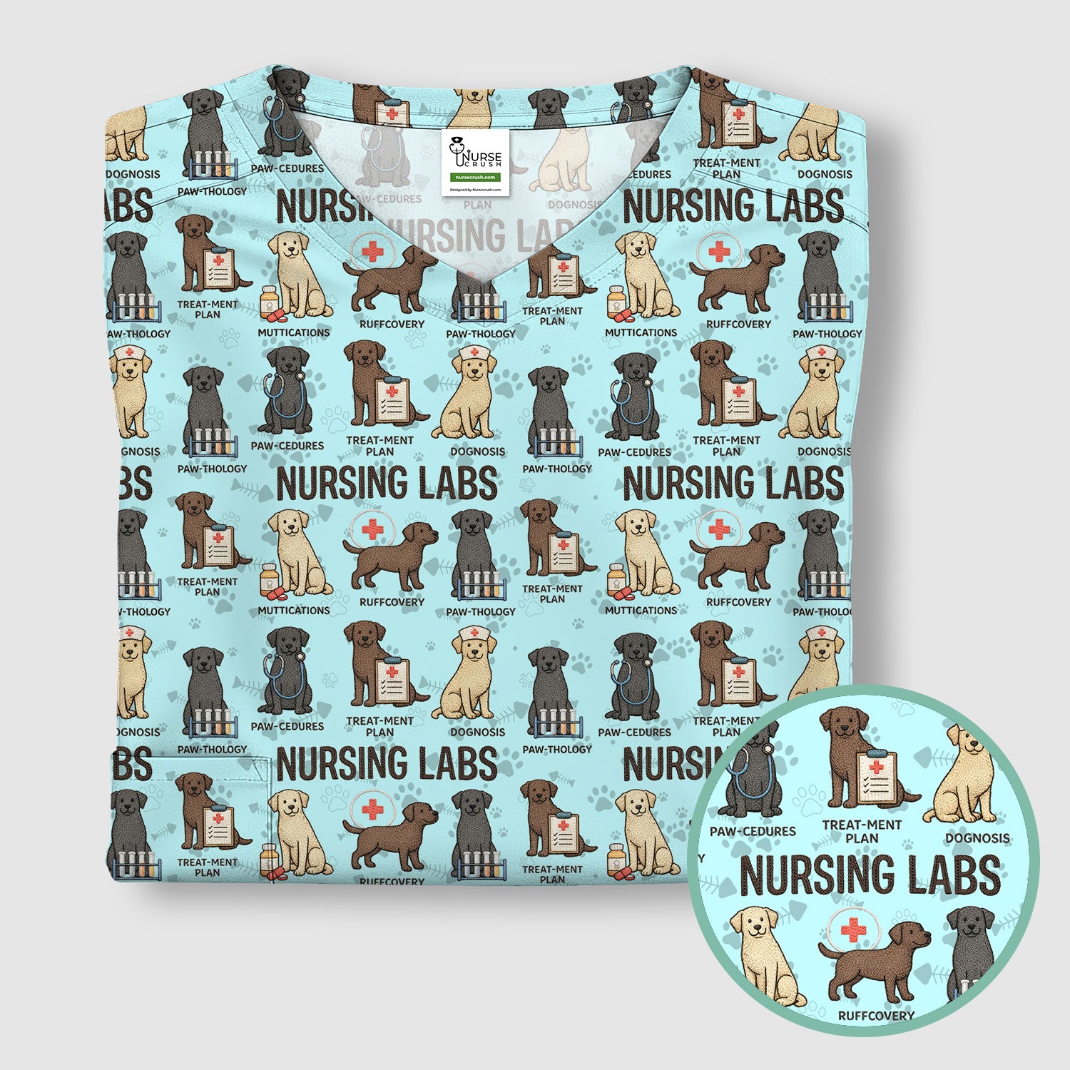 Playful Nursing Labs Dog Pattern Scrub Top, Comfortable Scrubs for Nurses