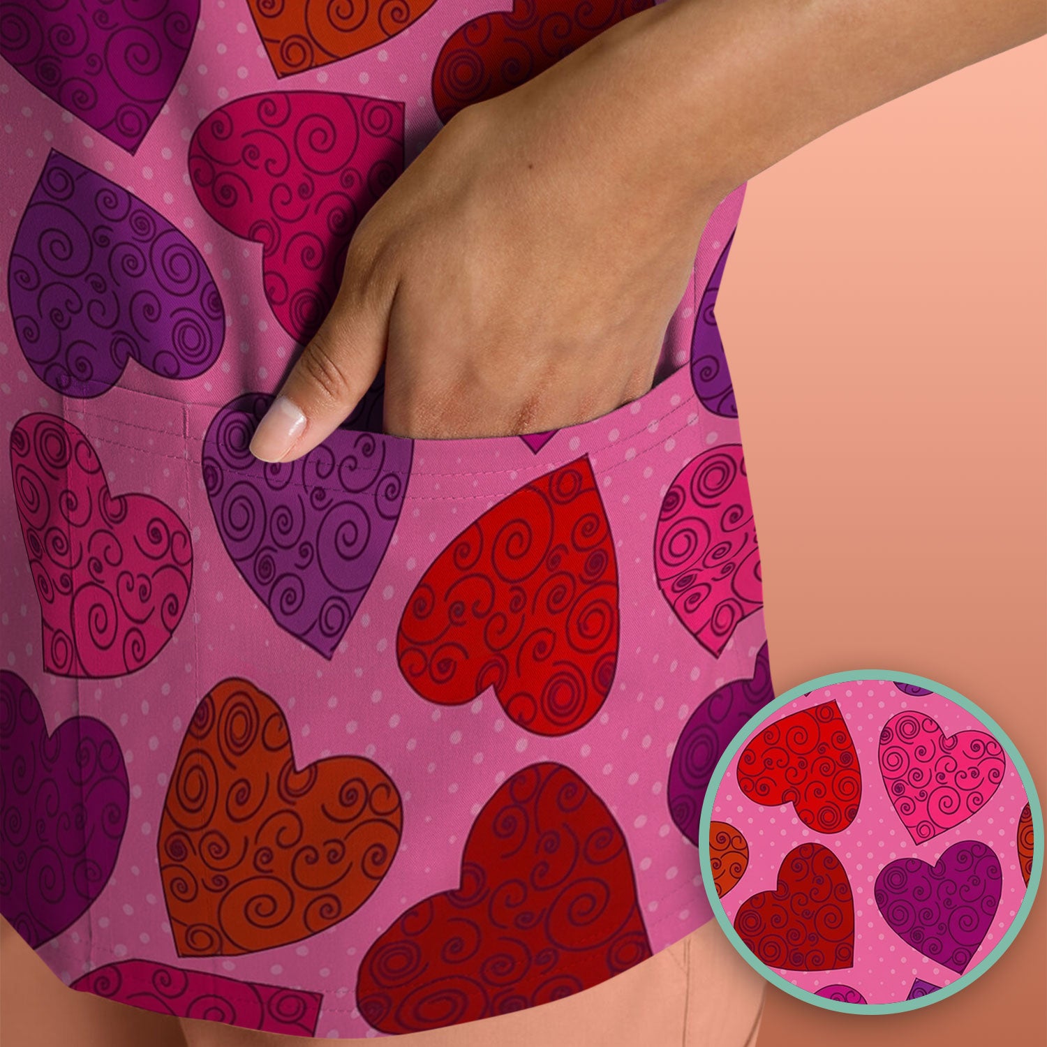 Women’s Pink Heart Scrub Top, Valentine Heart Pattern Nurse Shirt, Comfortable Scrubs For Nursing