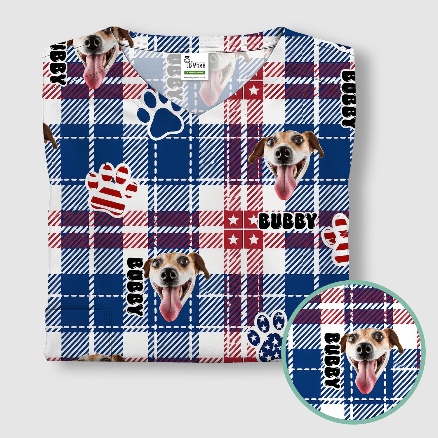 Custom Dog Face Scrub Top, Personalized Patriotic Dog Plaid Pattern Shirt, Custom Name Vet Tech Gift For Nursing