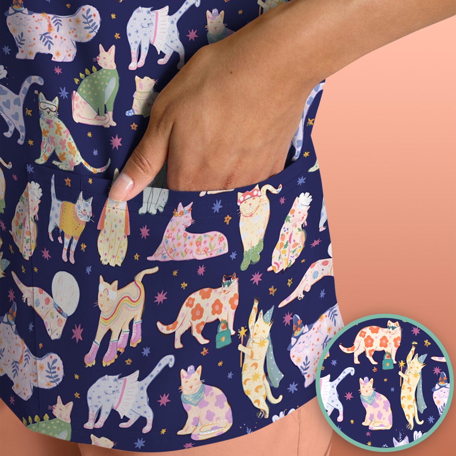 Cute Colorful Cats Pattern Scrub Top, Comfortable Scrubs for Nurses