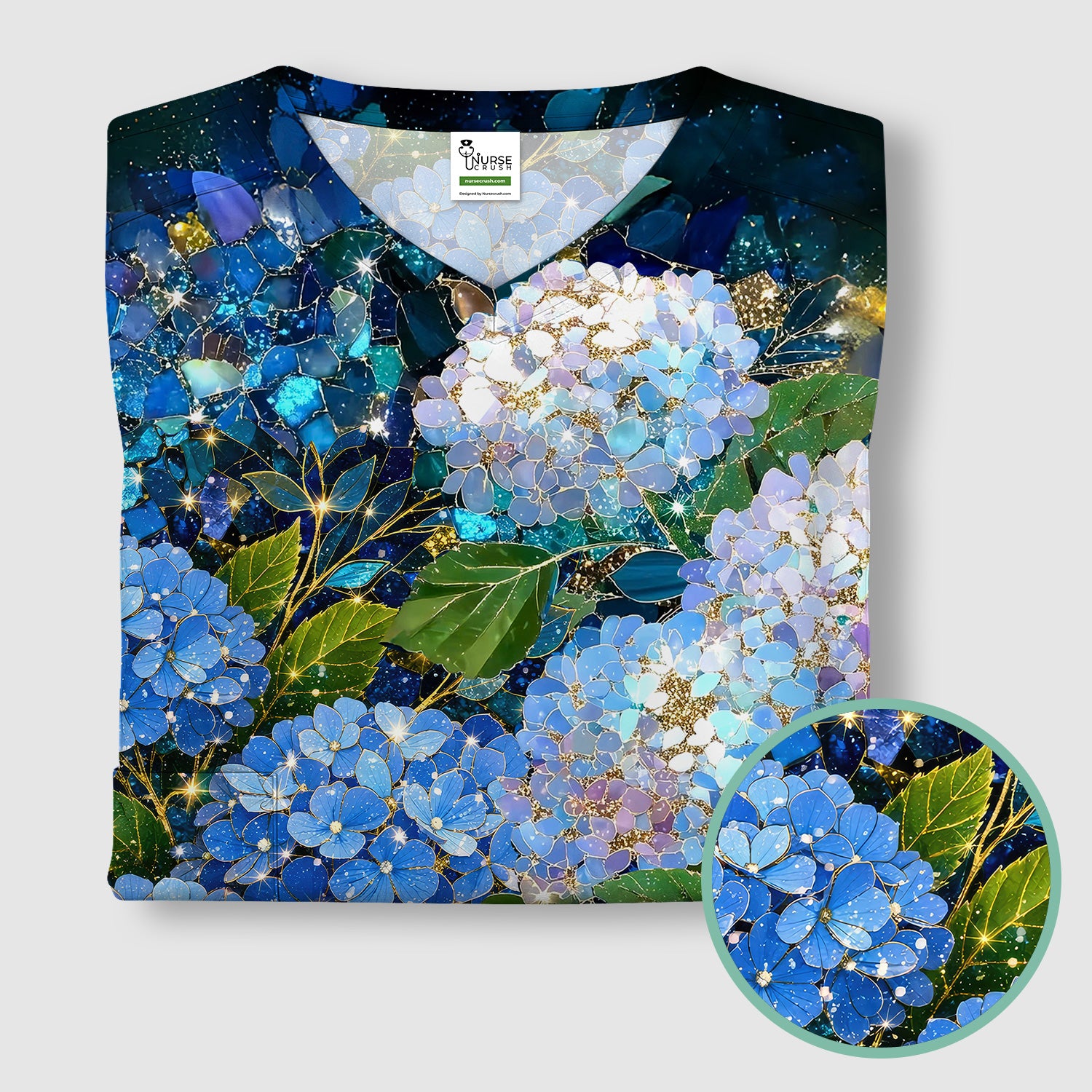 Blue Hydrangea Floral Pattern Scrub Top, Breathable Fabrics Nursing Uniform