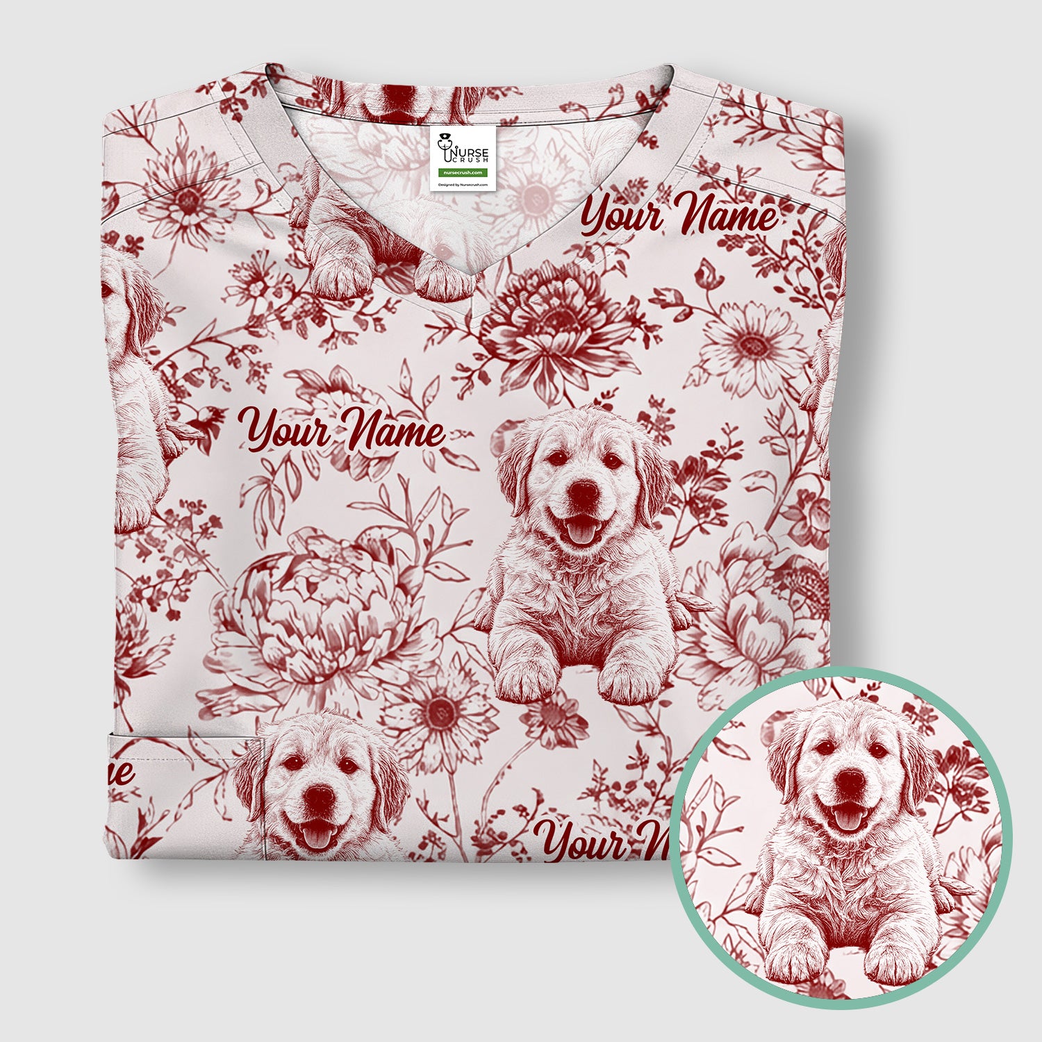 Personalized Custom Pet Photo Name Floral Pattern Scrub Top, Breathable Fabrics Nursing Uniform