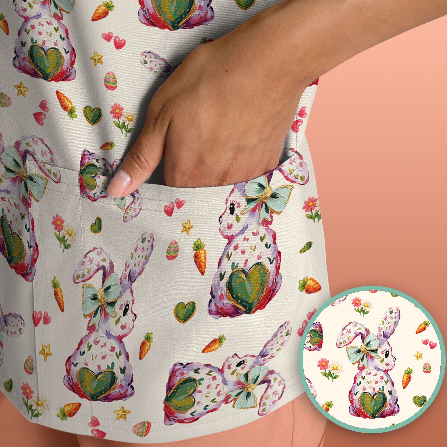 Cute Pastel Bunny Easter Pattern Scrub Top, Comfortable Scrubs for Nurses