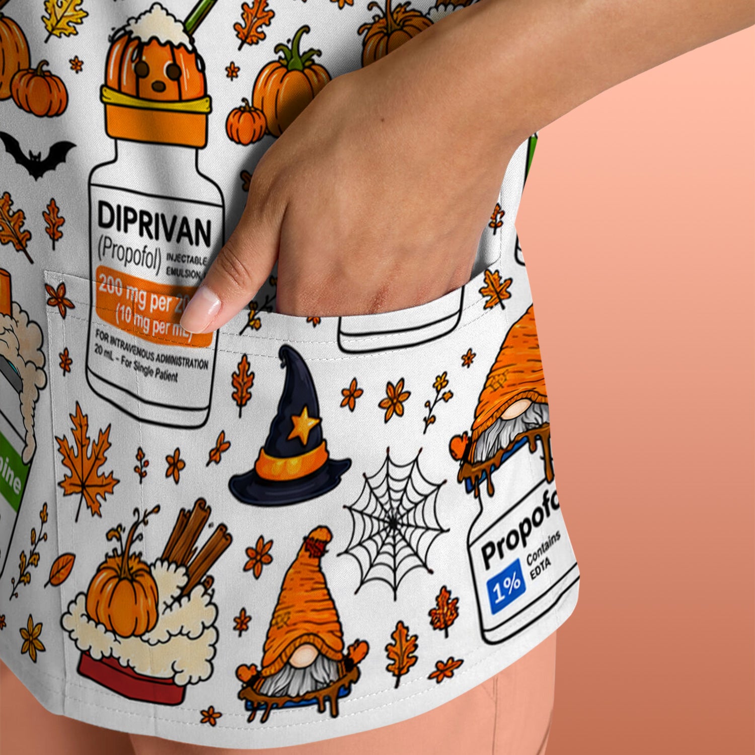 Funny Witch Hat & Pumpkin Print Scrub Top, Comfortable Scrubs for Nurses