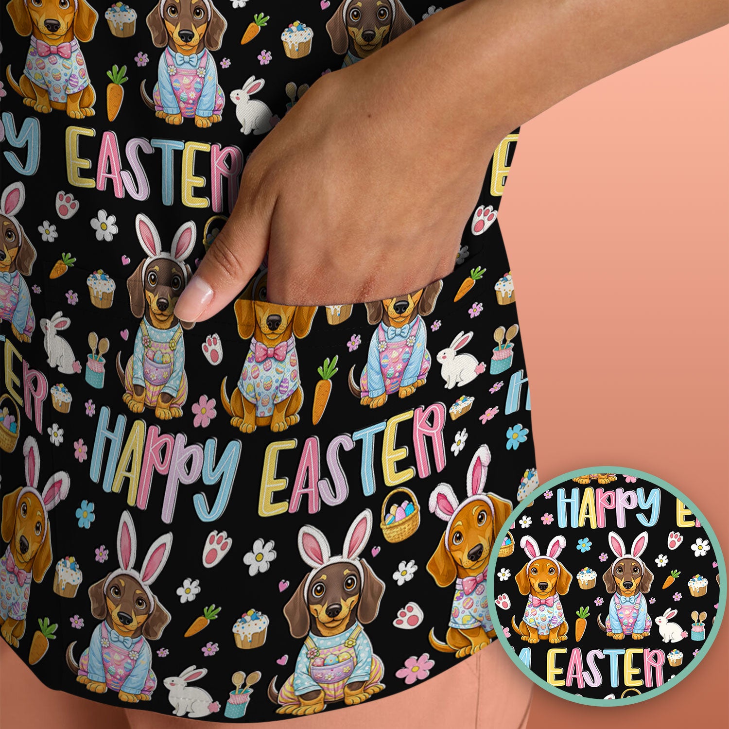 Happy Easter Dachshund Bunny Print Scrub Top, Comfortable Scrubs for Nurses