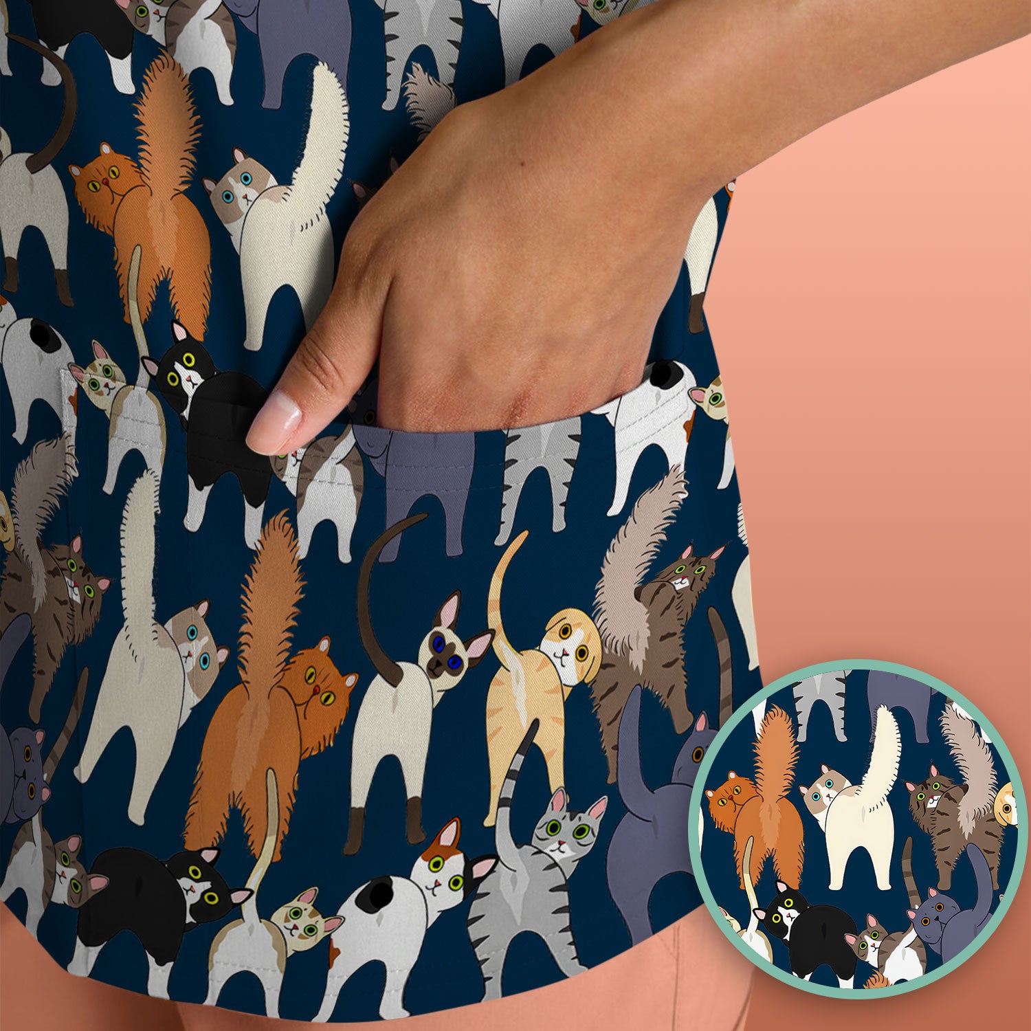 Whimsical Multicolor Cat Cartoon Pattern Scrub Top, Comfortable Scrubs for Nurses