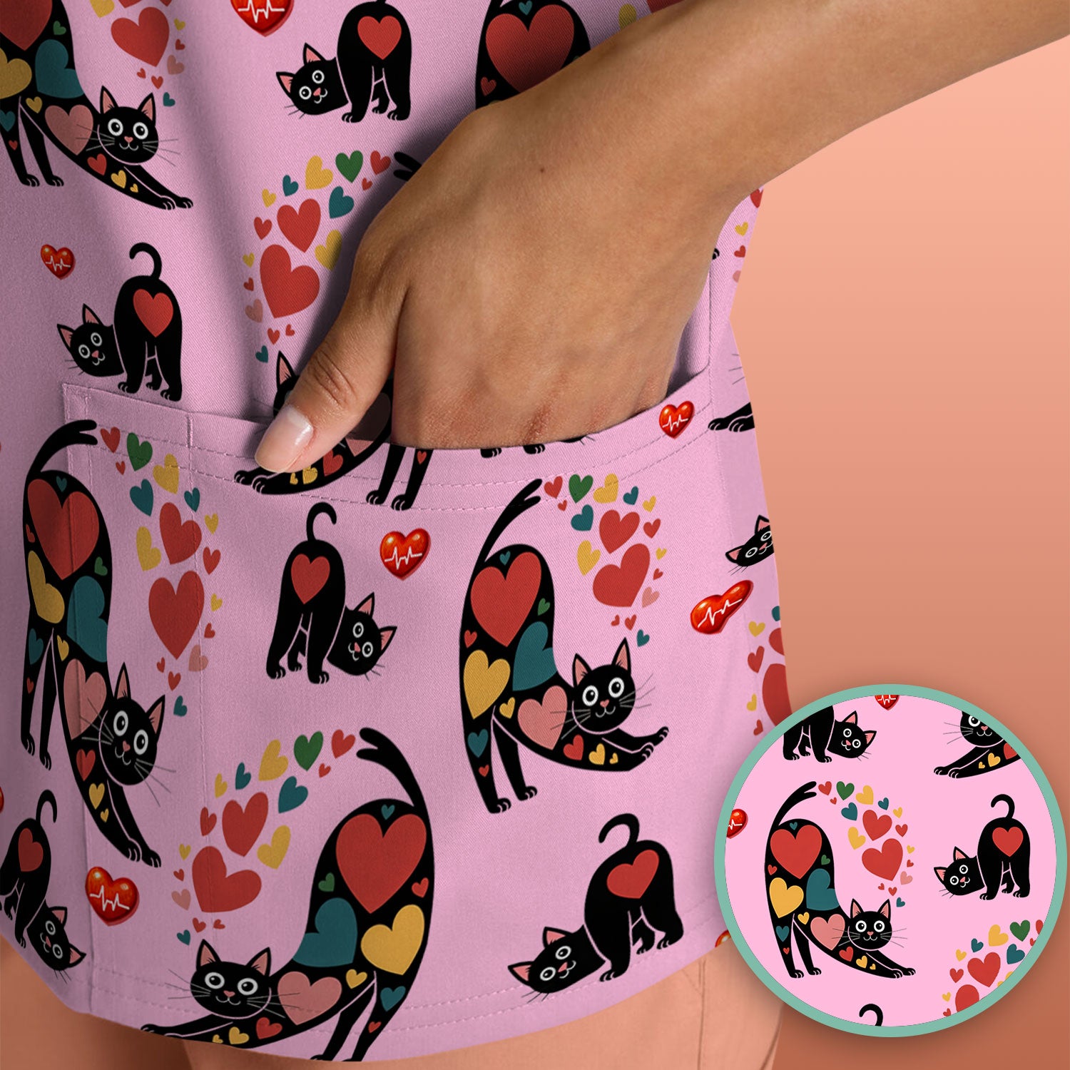 Playful Cat Valentine Heart Print Nurse Scrub Top, Comfortable Scrubs for Nurses