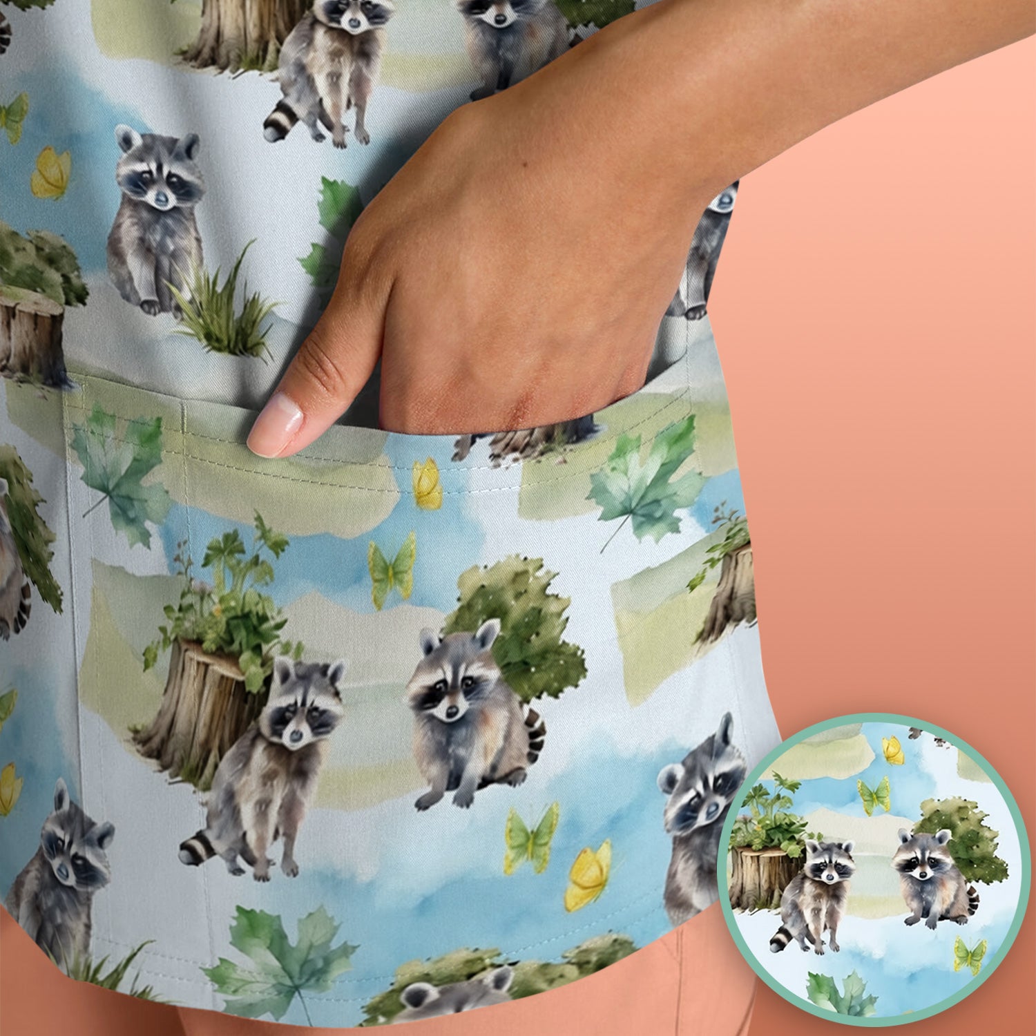 Cute Raccoon Woodland Print Scrub Top, Comfortable Scrubs for Nurses