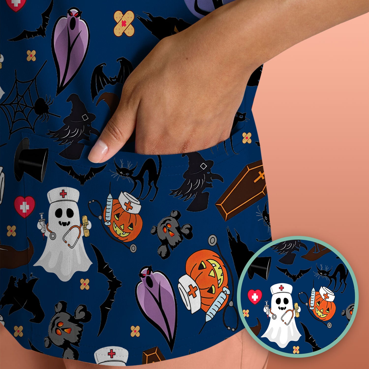 Spooky Halloween Scrub Top - Pumpkin Ghost Bat Nurse Shirt - Wicked Witch Medical Uniform for Women RN CNA LPN