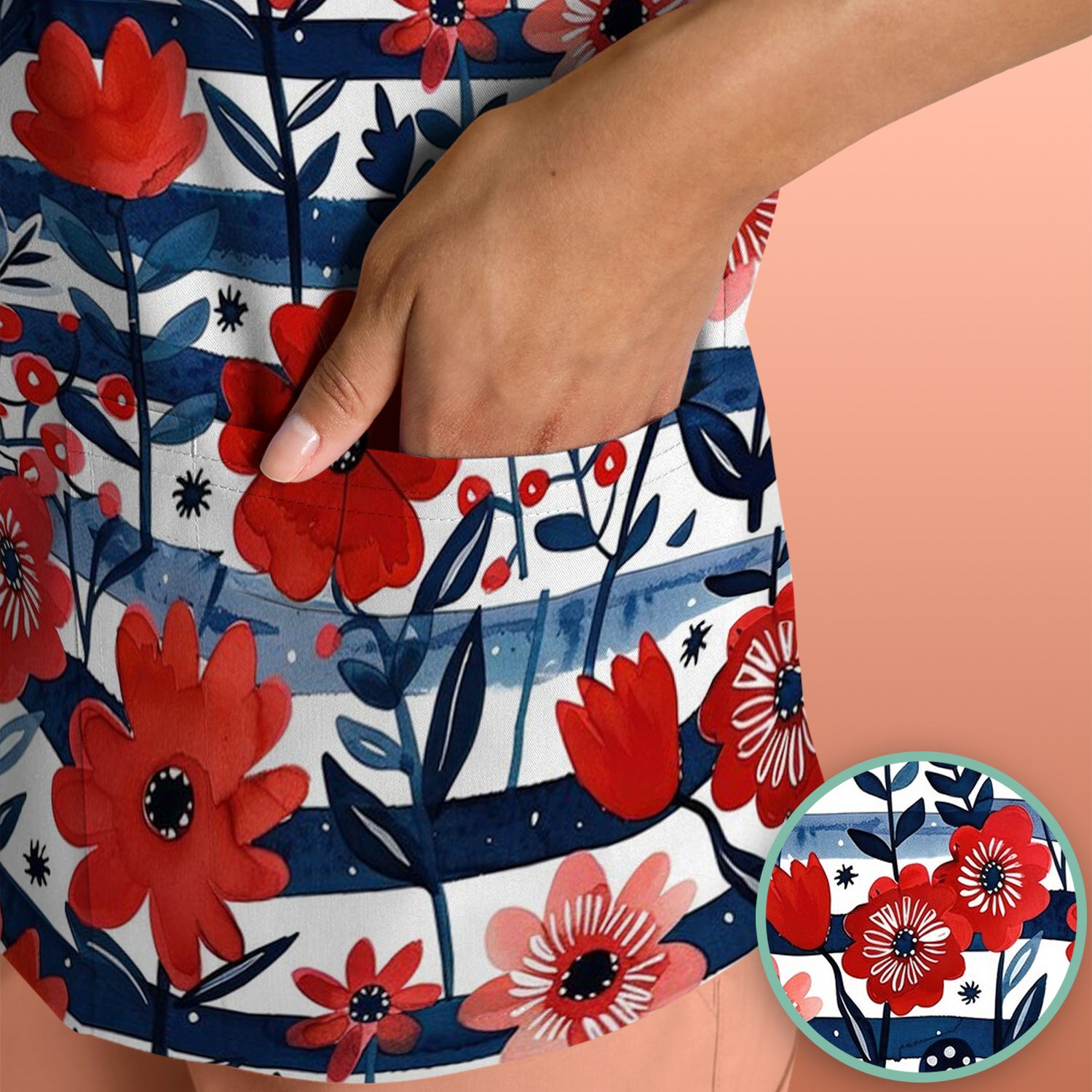 Red Poppy Navy Stripe Pattern Scrub Top, Comfortable Scrubs for Nurses