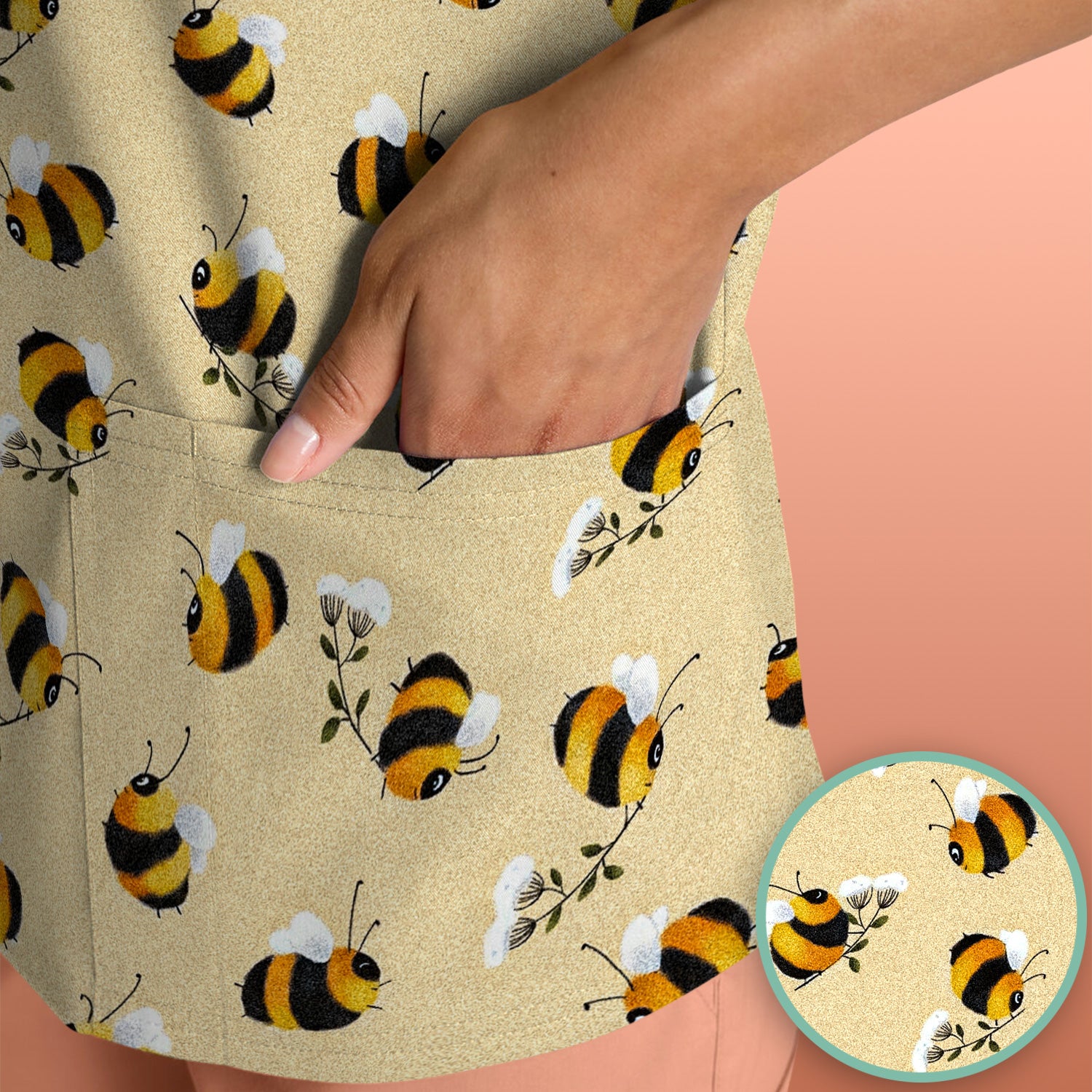 Cute Bumble Bee Blossom Pattern Scrub Top, Comfortable Scrubs for Nurses