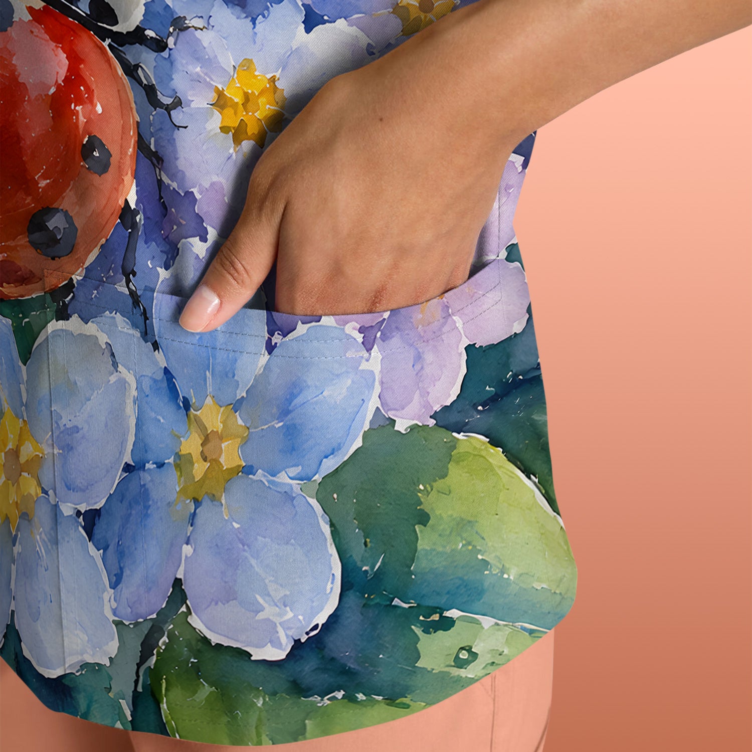 Ladybug Spring Flower Garden Print Scrub Top, Comfortable Scrubs for Nurses