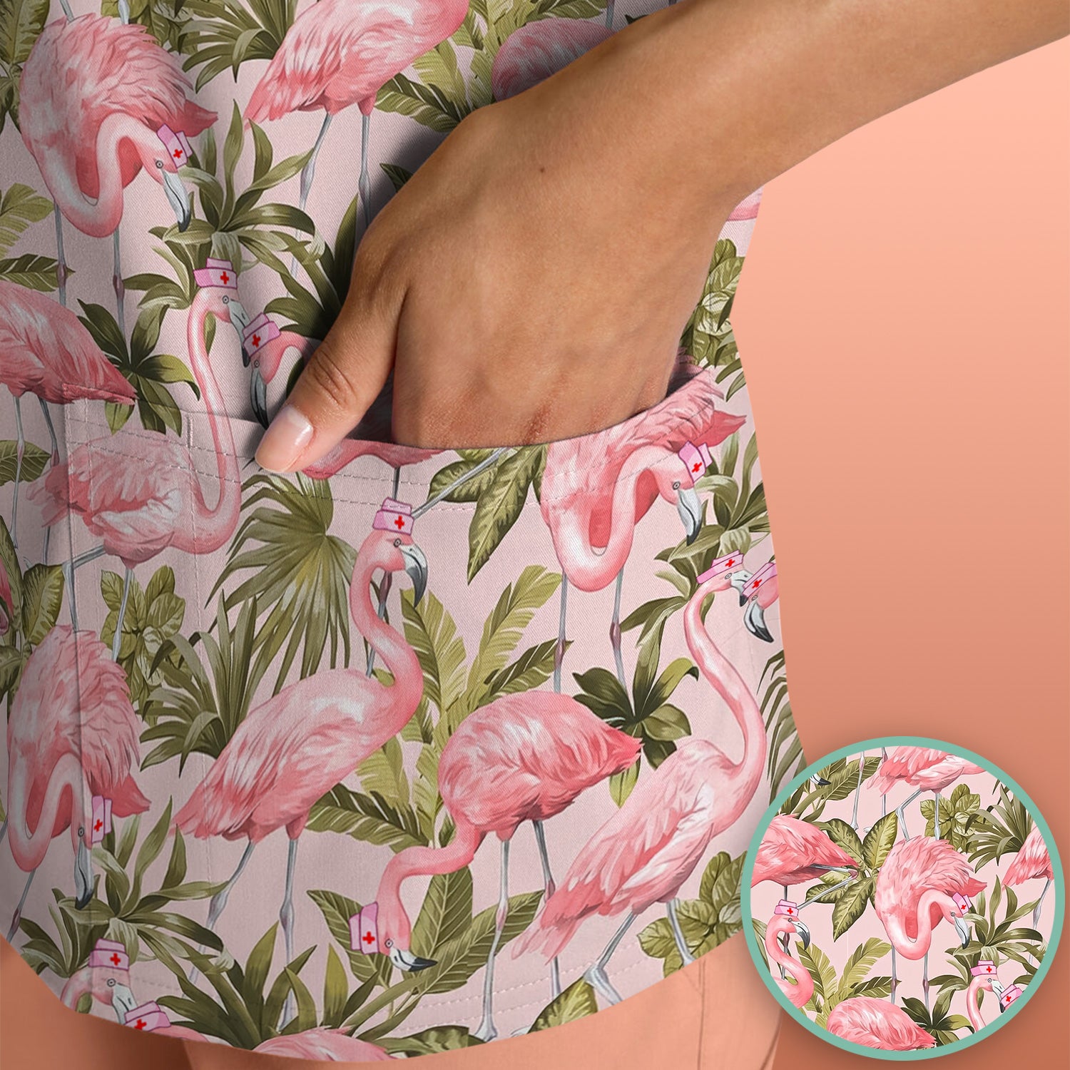 Pink Flamingo Jungle Leaves Pattern Scrub Top, Breathable Fabrics Nursing Uniform