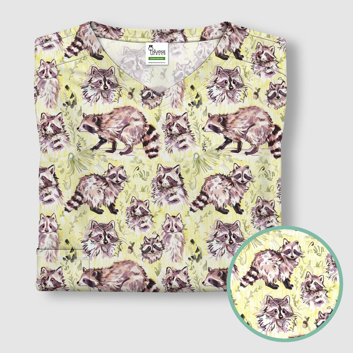 Cute Woodland Raccoon Forest Animal Pattern Scrub Top, Comfortable Scrubs for Nurses