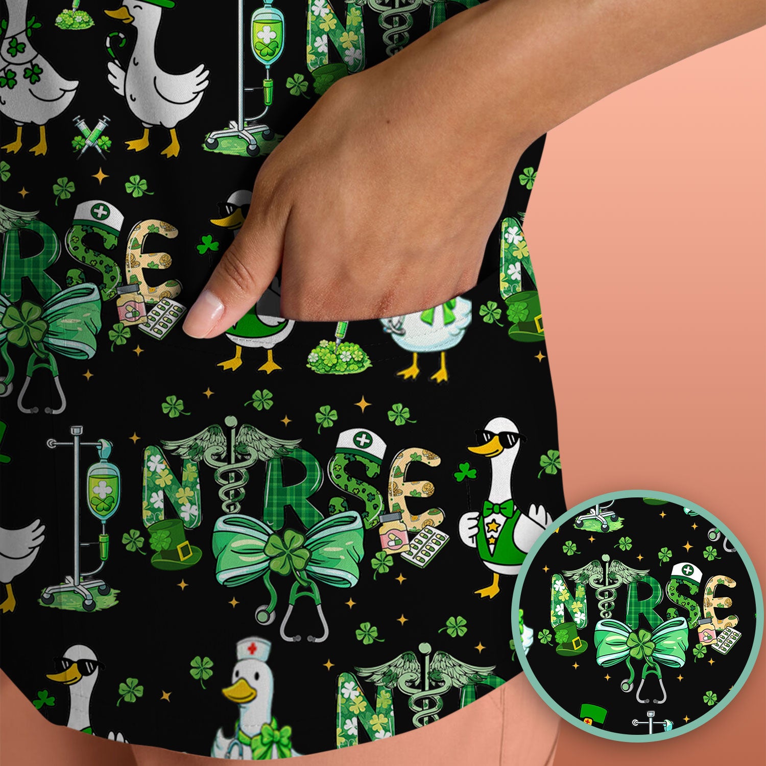 Funny Goose Nurse Shamrock Scrub Top, St. Patrick’s Day Nurse Pattern Shirt, Breathable Fabrics Nursing Uniform