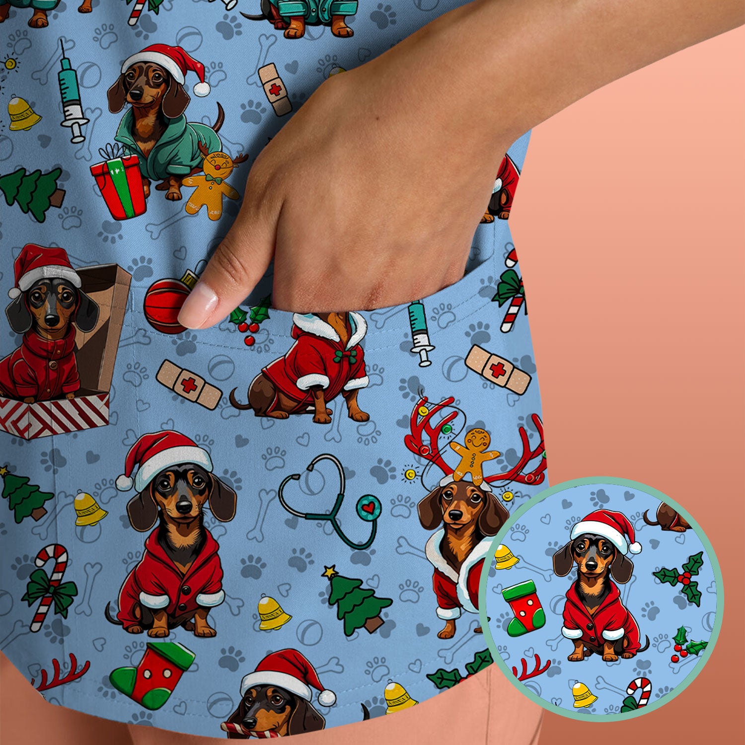 Christmas Dachshund Scrubs for Nurses - Cute Sausage Dog Holiday Scrub Top - Funny Reindeer & Santa Medical Shirt for Women