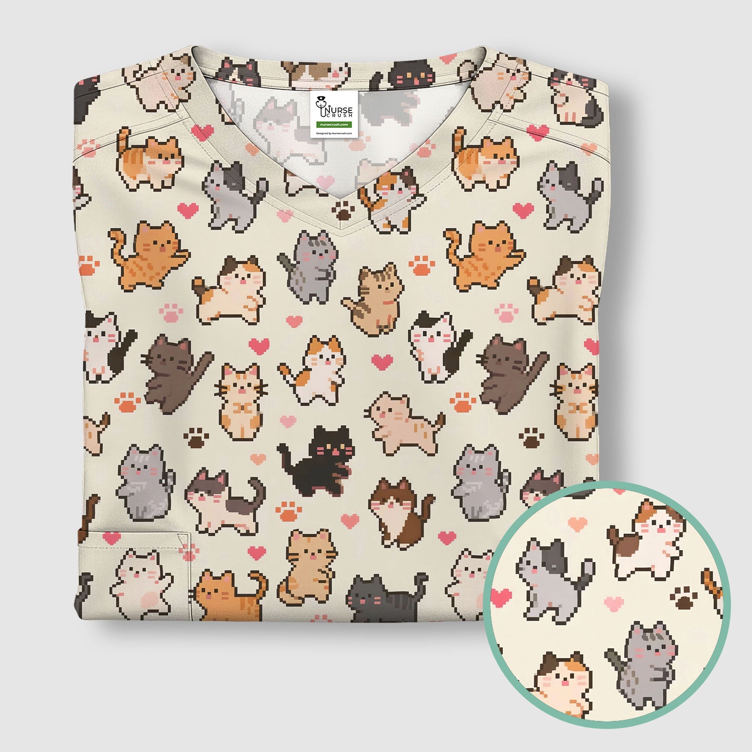 Cute Pixel Cat Heart Paw Pattern Scrub Top, Breathable Fabrics Nursing Uniform