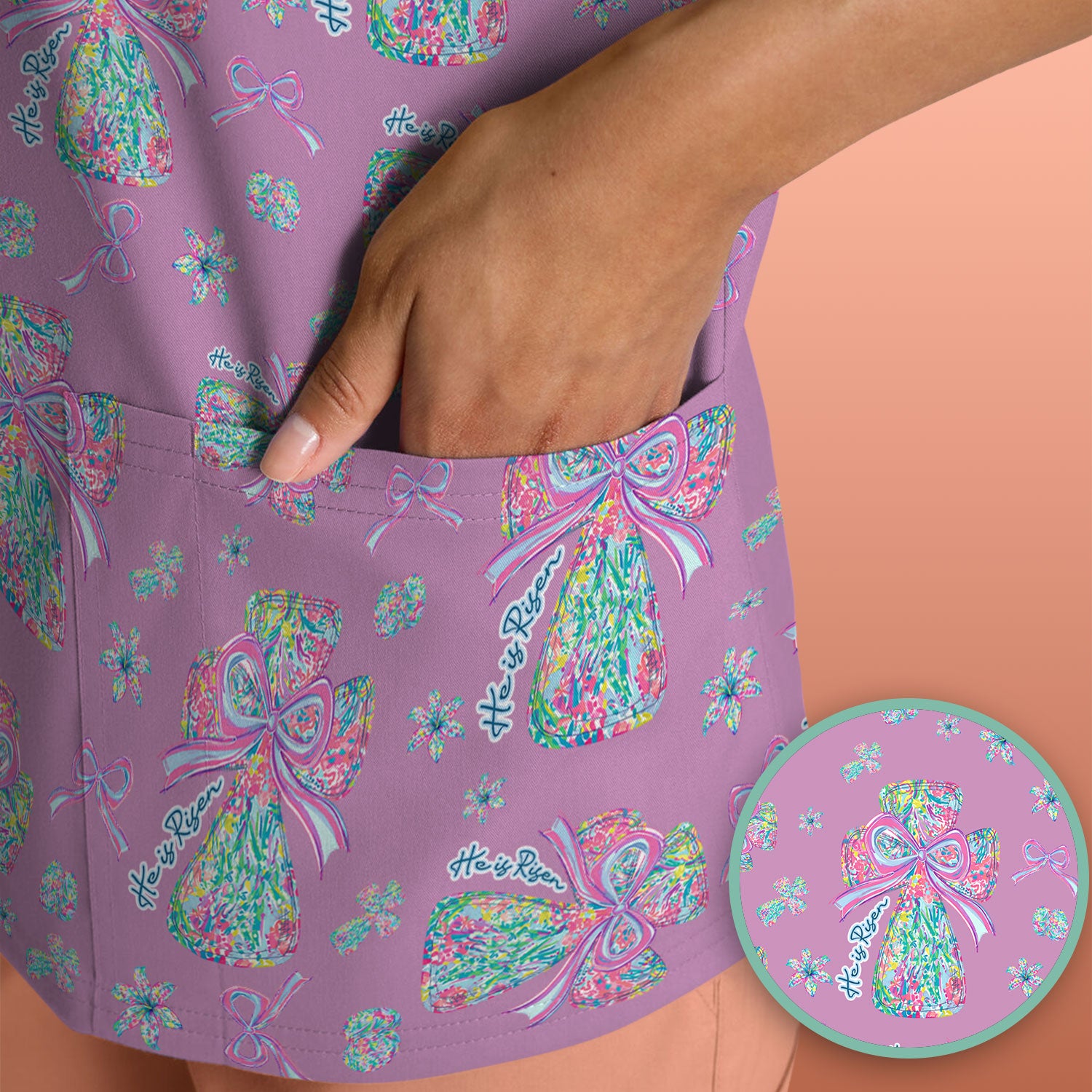 Colorful Bow Pattern Scrub Top, Breathable Fabrics Nursing Uniform