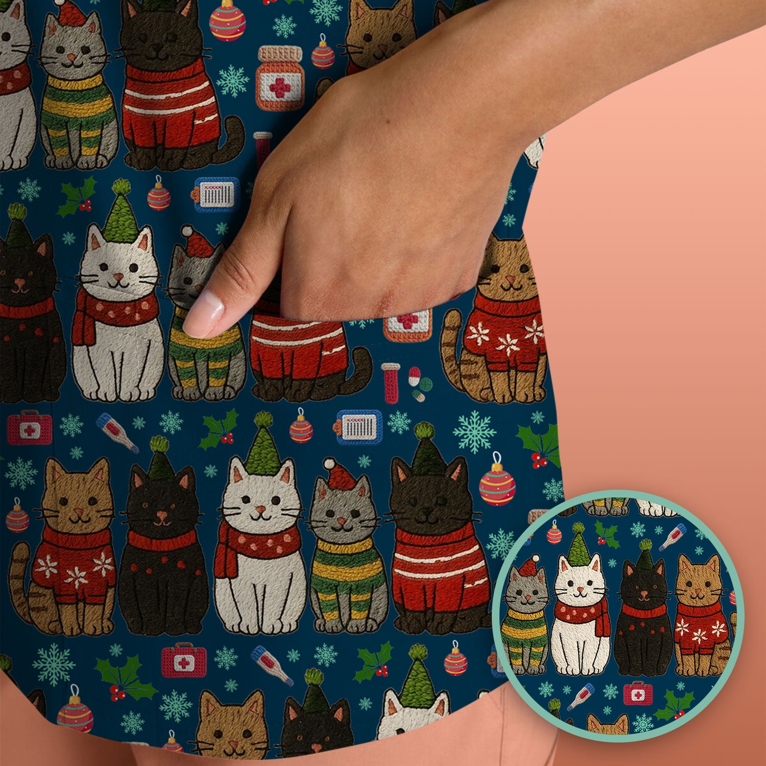Christmas Cat Scrub Top, Funny Holiday Nurse Shirt, Festive Medical Uniform For Women RN LPN CNA Gift
