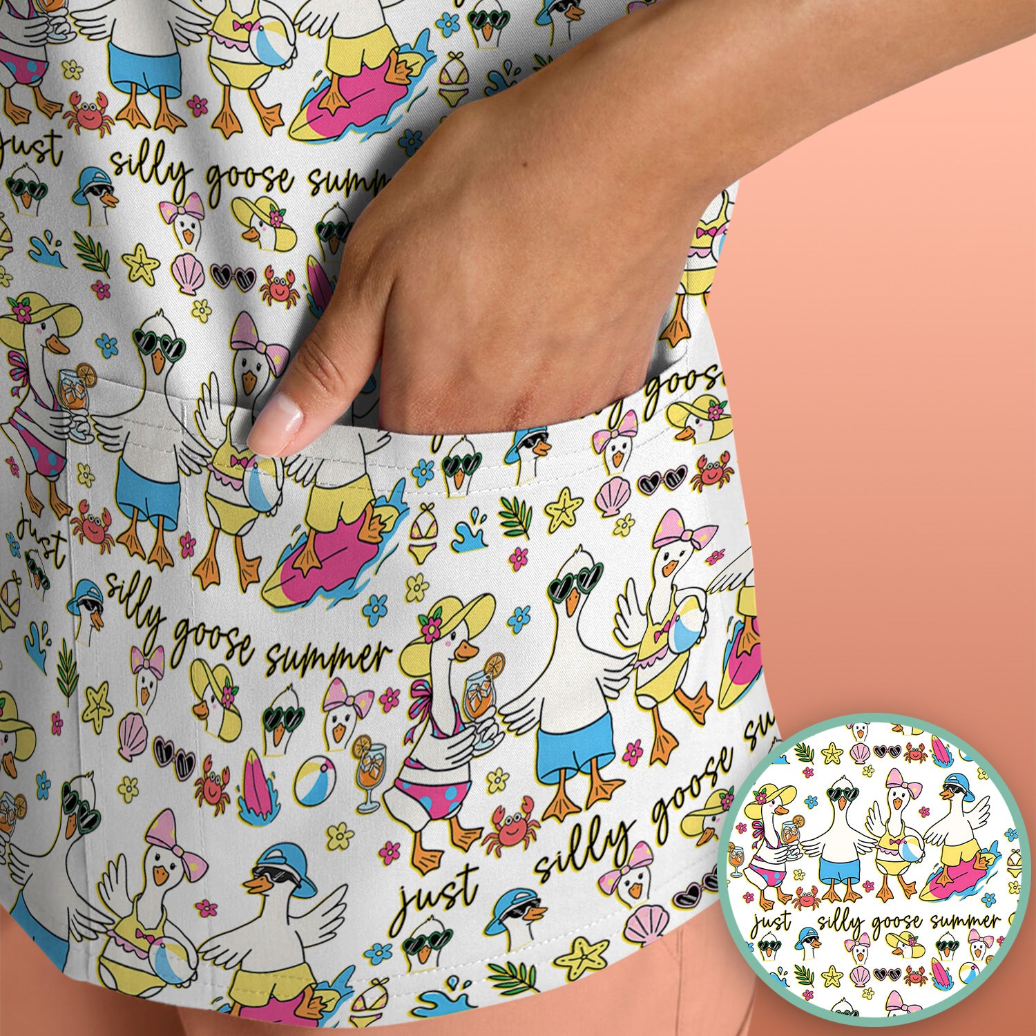 Silly Goose Summer Pattern Scrub Top, Breathable Fabrics Nursing Uniform