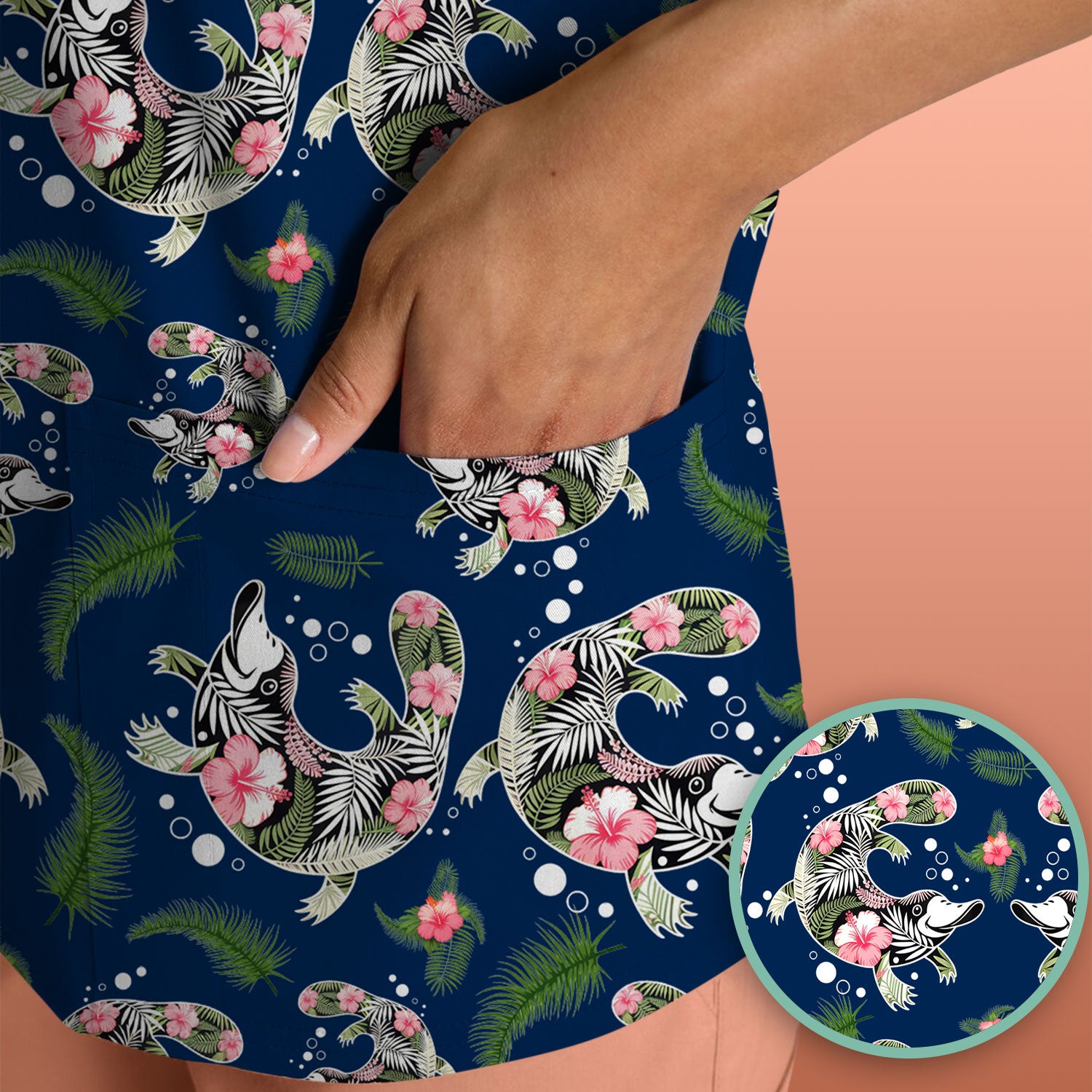 Cute Platypus Scrub Top, Tropical Floral Animal Pattern Nurse Shirt, Breathable Fabrics Nursing Uniform