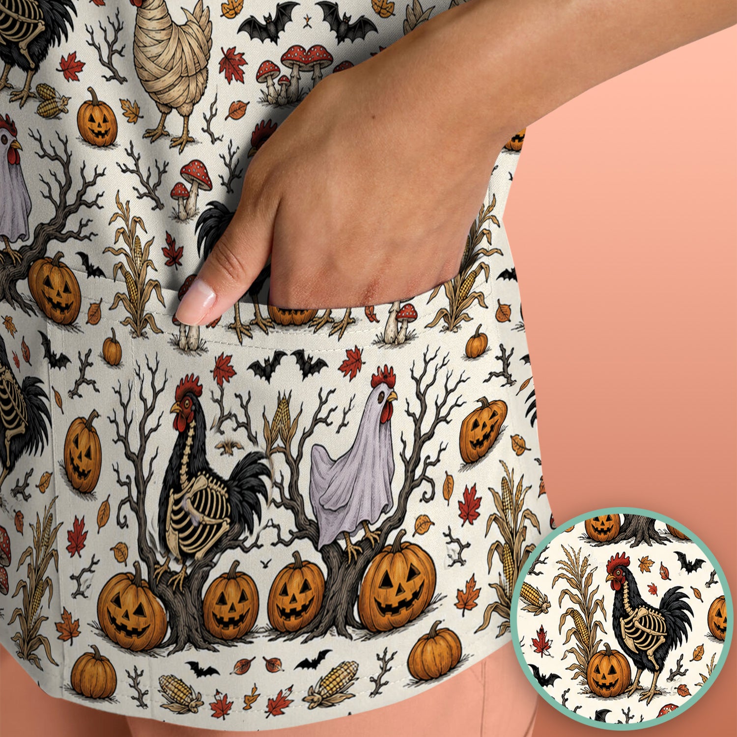 Halloween Skeleton Chickens Pattern Scrub Top, Comfortable Scrubs for Nurses