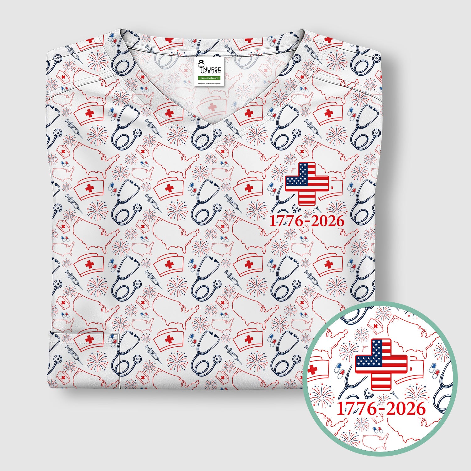 Patriotic Nurse Stethoscope Flag Pattern Scrub Top, Comfortable Scrubs for Nurses
