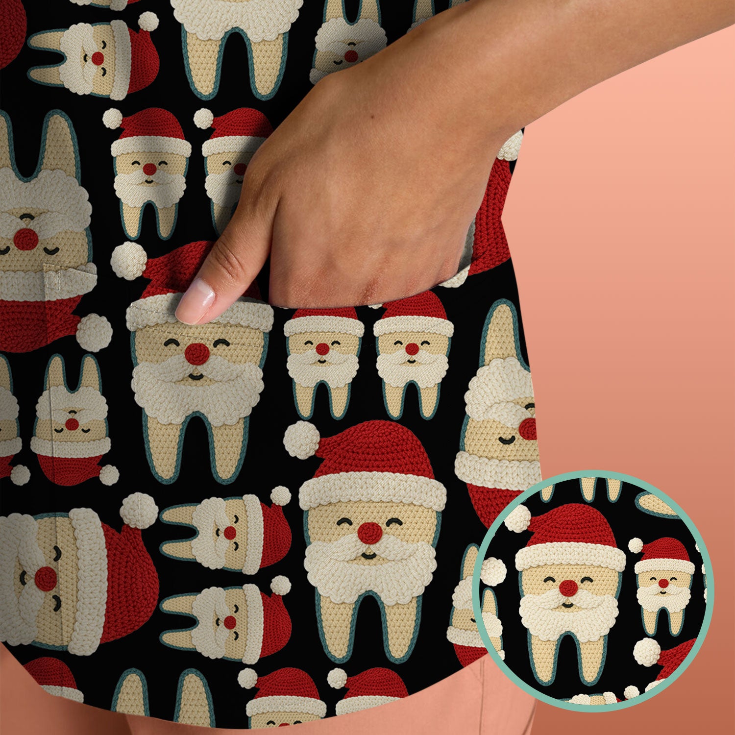 Christmas Tooth Scrub Top - Cute Santa Tooth Pattern for Dentists & Hygienists - Crochet Style Holiday Medical Uniform for Women
