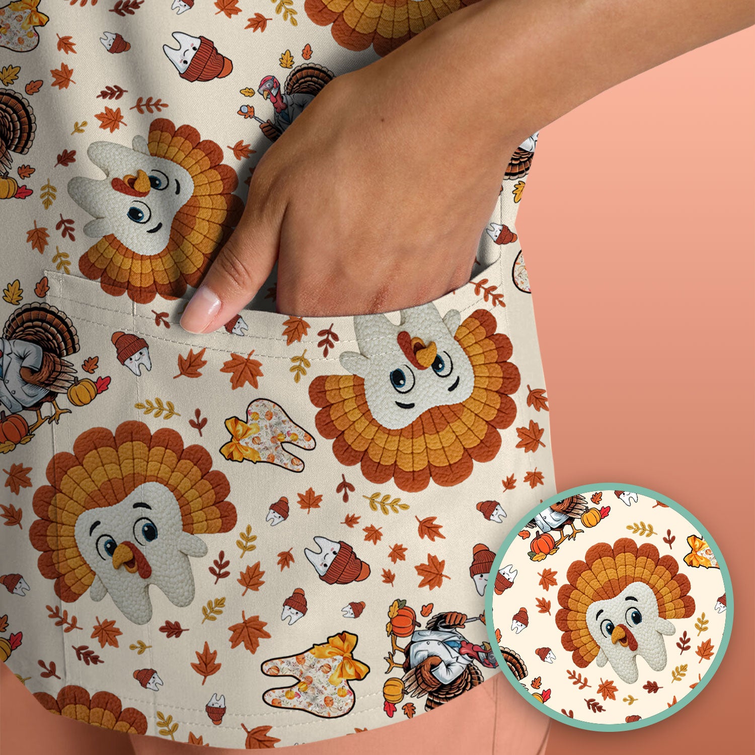 Funny Thanksgiving Tooth Scrub Top - Cute Turkey Dental Nurse Shirt - Fall Medical Uniform for Hygienists & Nurses