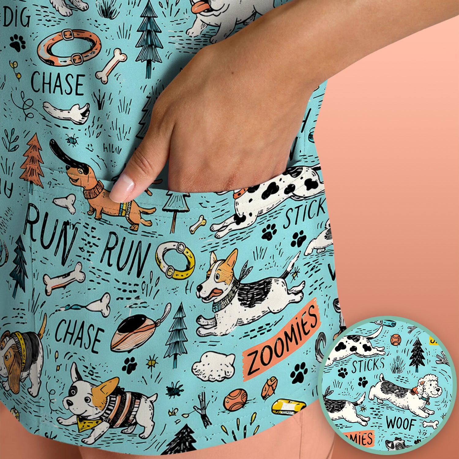 Playful Cartoon Puppy Adventure Pattern Scrub Top, Comfortable Scrubs for Nurses
