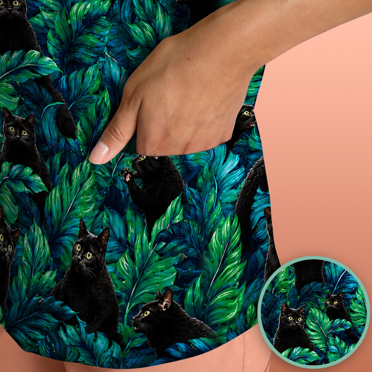 Black Cat Tropical Jungle Leaves Pattern Scrub Top, Comfortable Scrubs for Nurses