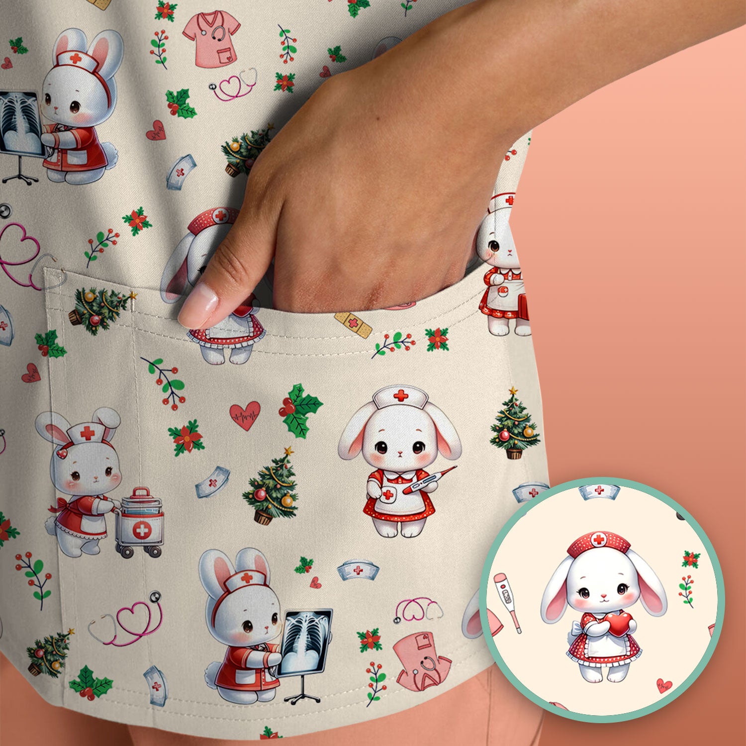 Cute Bunny Scrub Top for Nurse - Adorable Christmas Rabbit Shirt - Funny Holiday Medical Shirt Gift for Women RN LPN CNA