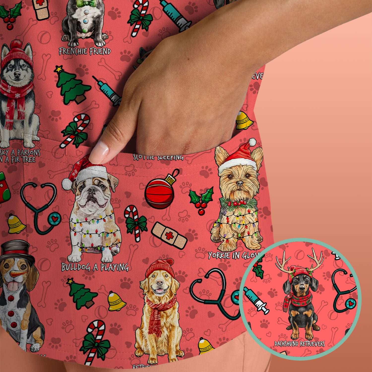 Cute Christmas Dog Scrubs for Nurses - Corgi, Dachshund, Husky, Poodle & Labrador - Funny Holiday Medical Scrub Top for Women