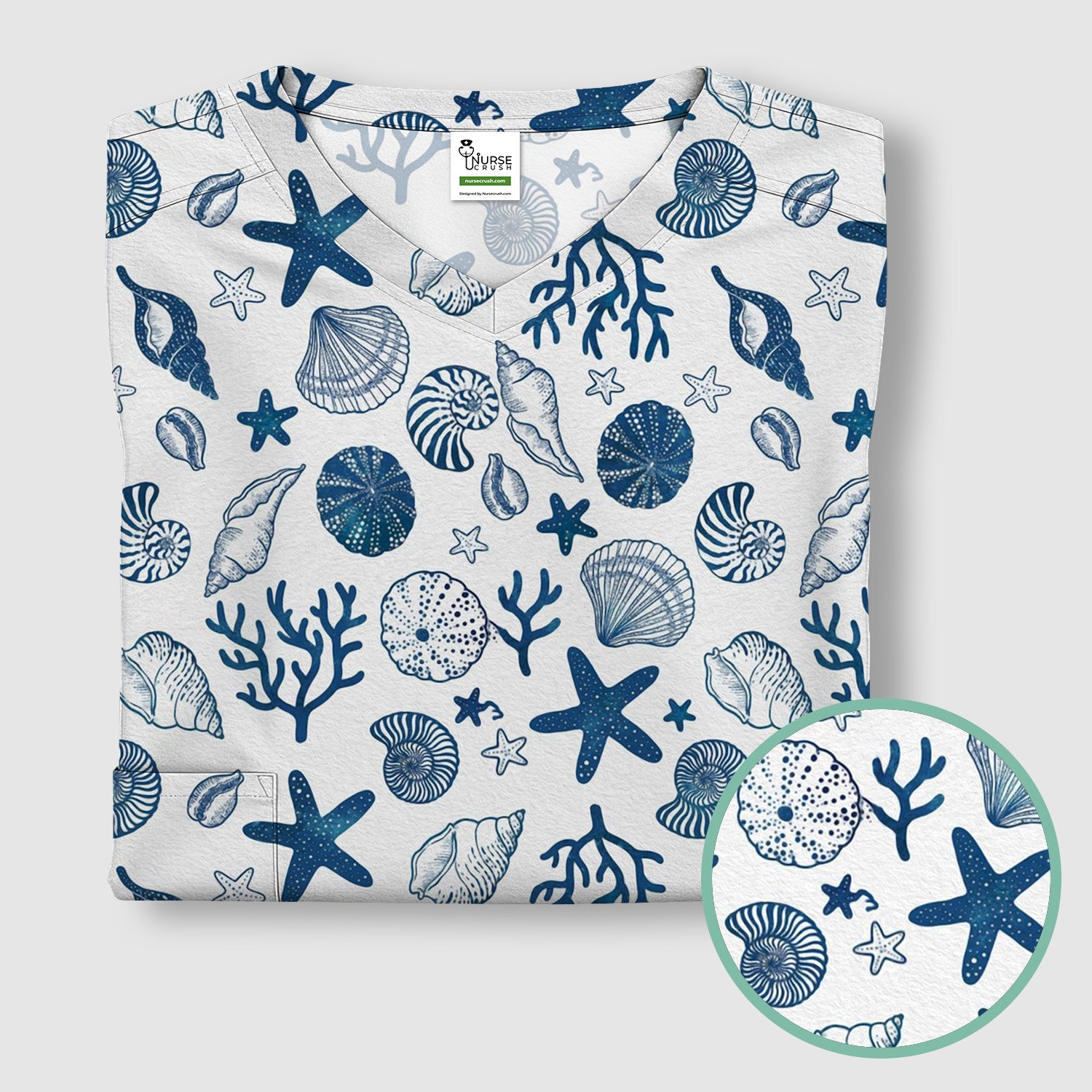Cute Ocean Shell Starfish Pattern Scrub Top, Comfortable Scrubs for Nurses