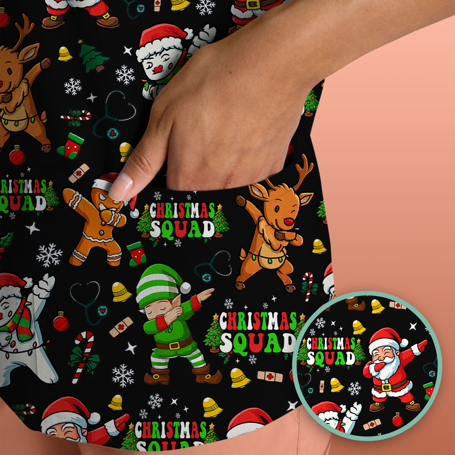 Christmas Squad Scrub Top - Funny Santa & Reindeer Shirt - Cute Holiday Medical Uniform for Nurses, Doctors & Vet Techs