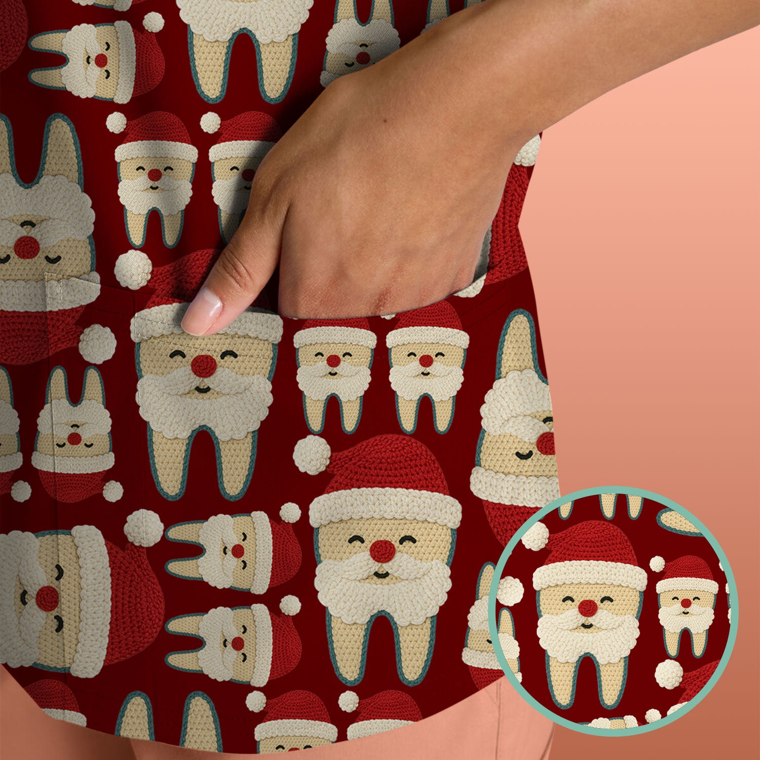 Christmas Tooth Scrub Top - Cute Santa Tooth Pattern for Dentists & Hygienists - Crochet Style Holiday Medical Uniform for Women