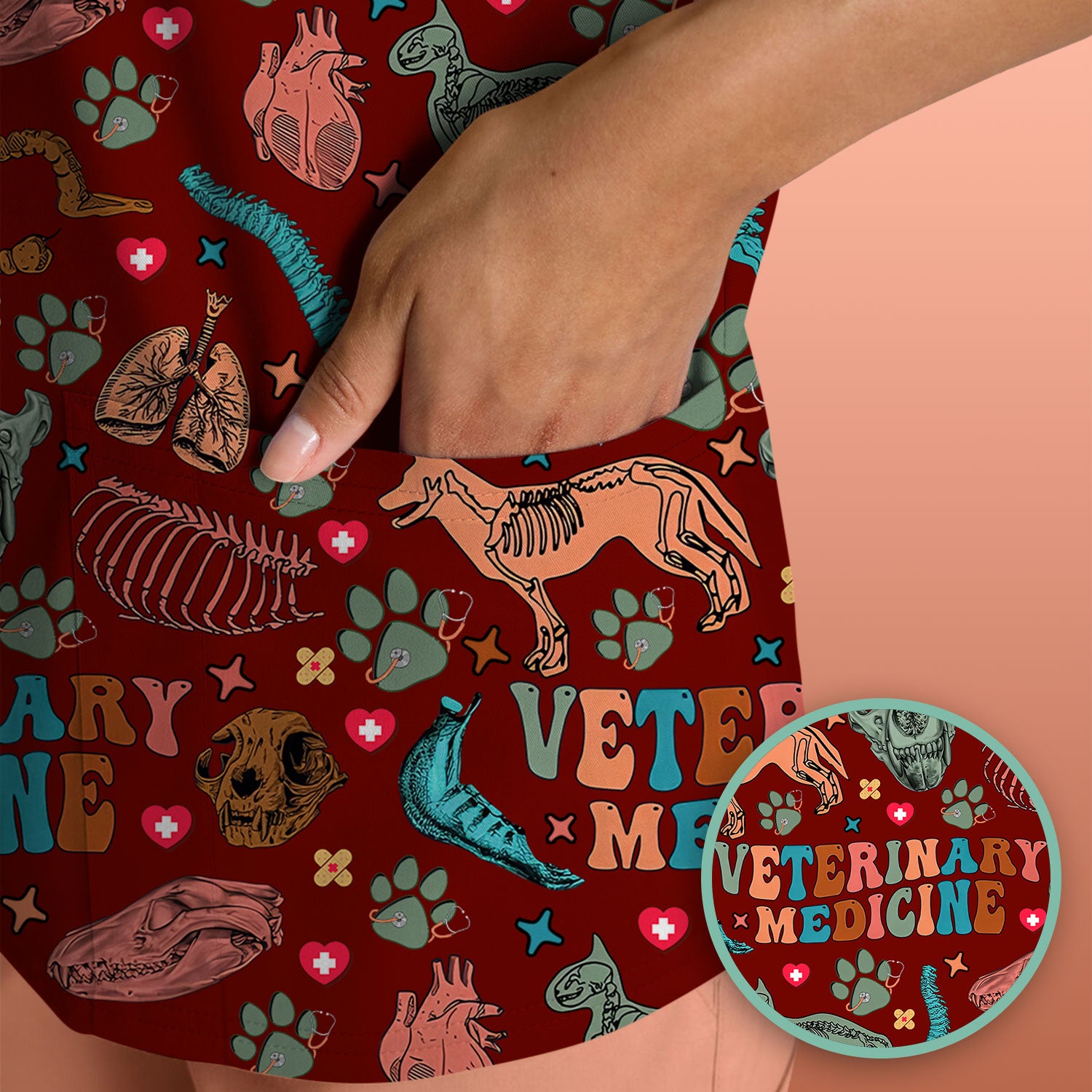 Vet Tech Scrub Top - Veterinary Medicine Pattern - Animal Medical Uniform for Women Nurse Gift