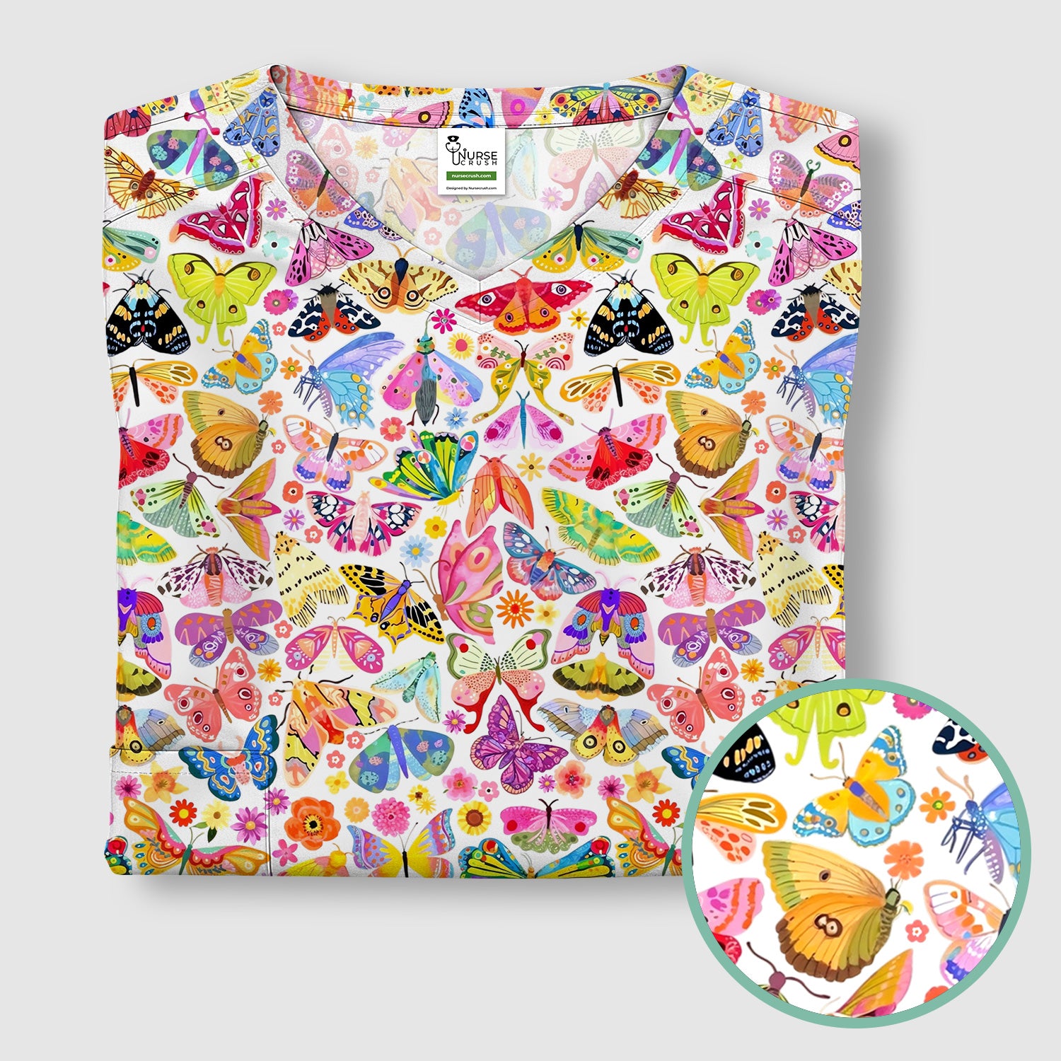 Cute Bright Butterfly Moth Floral Scrub Top, Comfortable Scrubs for Nurses