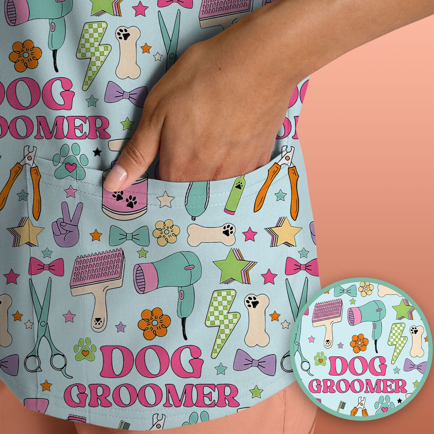 Dog Groomer Tools Pattern Nursing Scrub Top, Comfortable Scrubs for Nurses