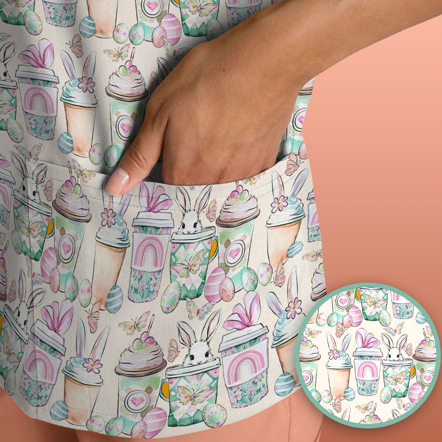 Cute Easter Bunny Coffee Cup Pattern Scrub Top, Comfortable Scrubs for Nurses