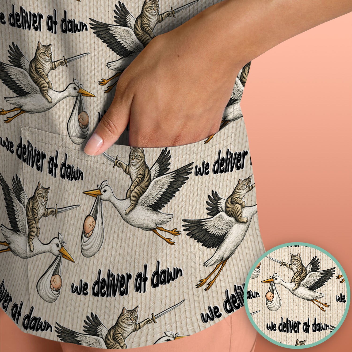 Funny Stork Cat Delivery Pattern Scrub Top, Comfortable Scrubs for Nurses