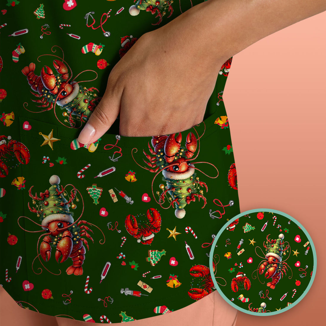 Whimsical Crawfish Christmas Scrub Top – Southern Christmas Cajun Holiday Crawfish Pattern – Cute Medical Uniform for Nurses, Vets And Healthcare Workers