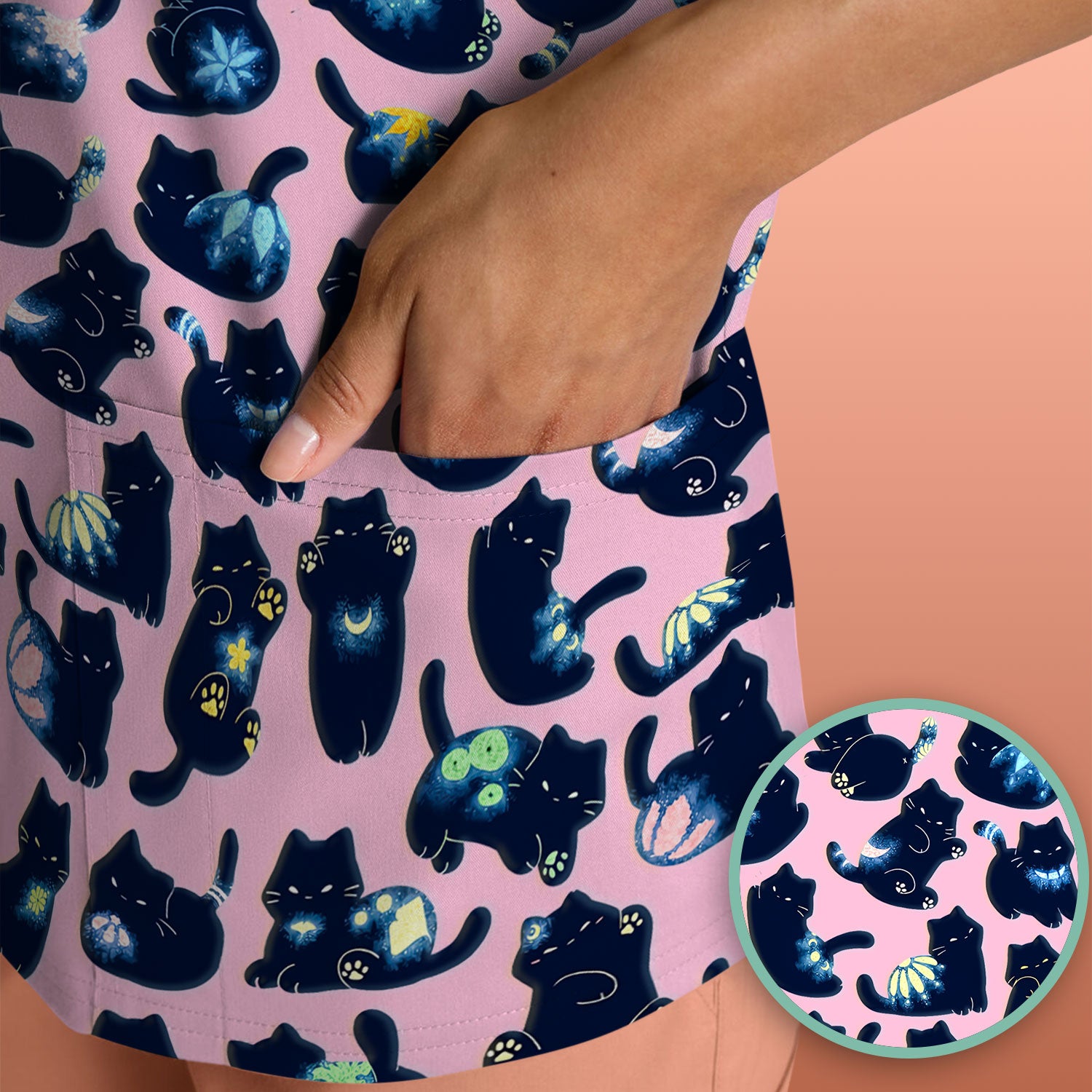 Midnight Cat Scrub Top, Black Cat Pattern Nurse Shirt, Breathable Fabrics Nursing Uniform
