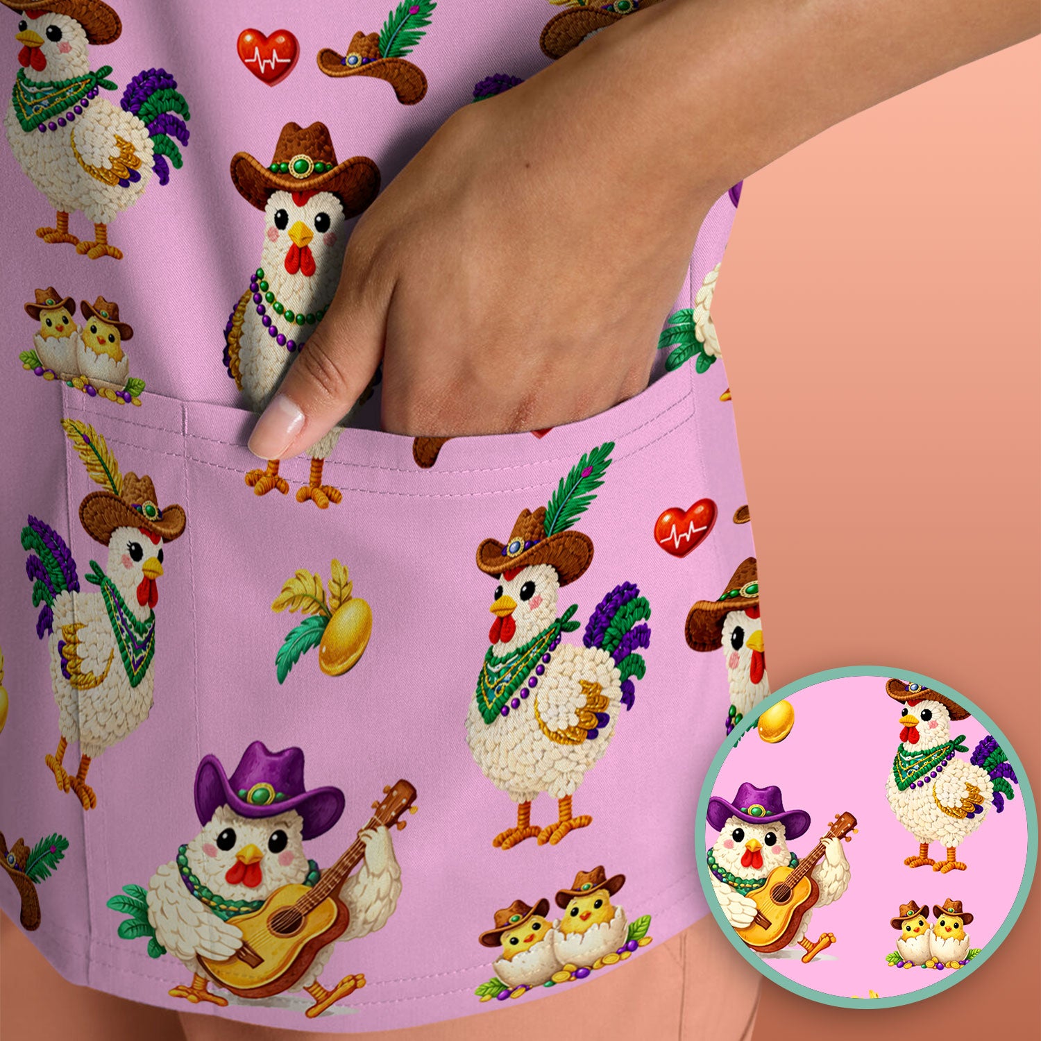 Funny Mardi Gras Rooster Cowboy Print Scrub Top, Comfortable Scrubs for Nurses