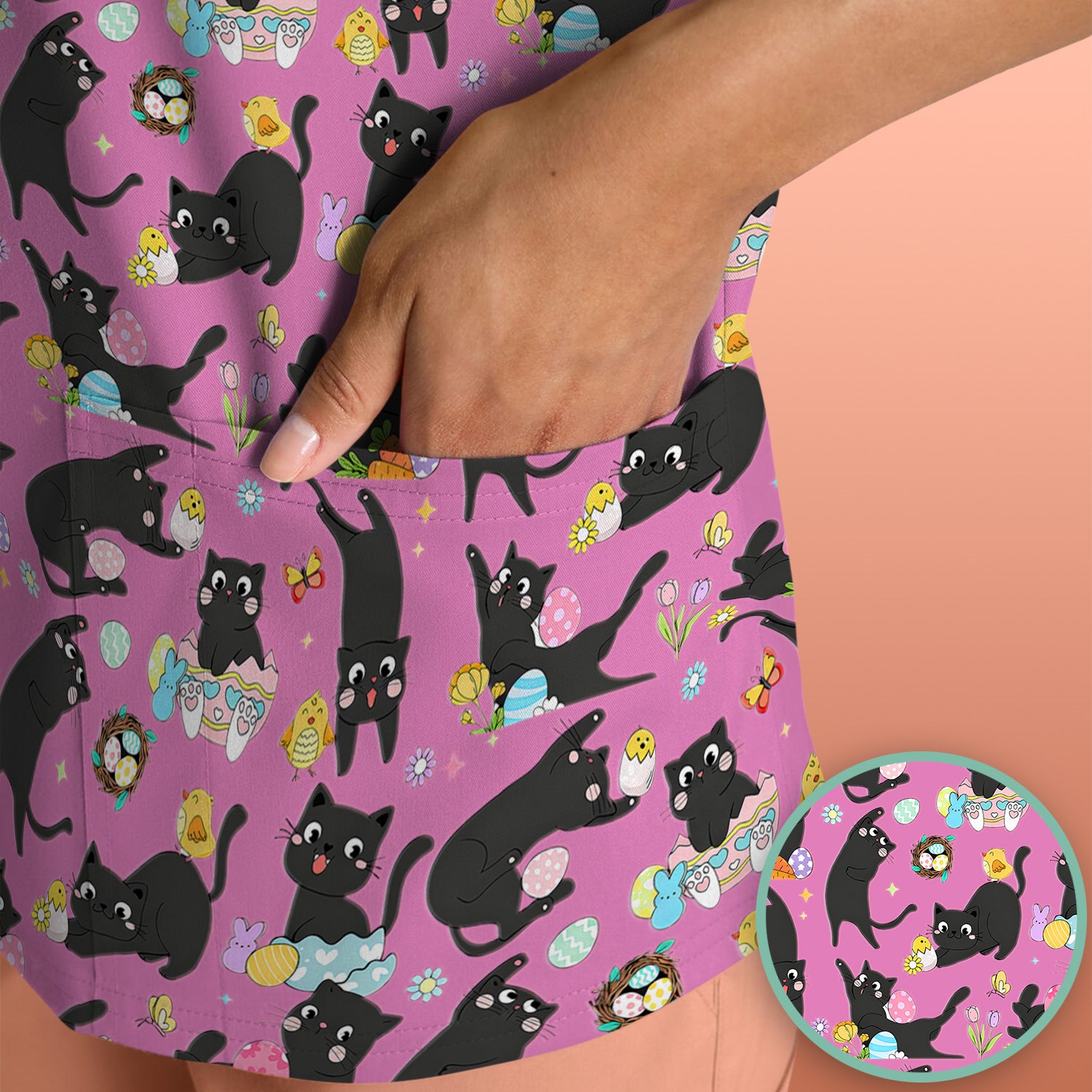 Playful Black Cat Easter Egg Pattern Scrub Top, Comfortable Scrubs for Nurses