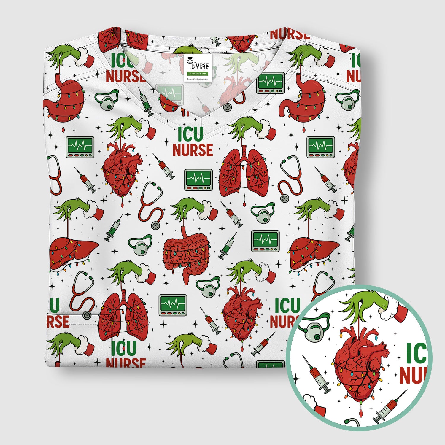 Christmas ICU Nurse Scrub Top - Funny Heart Anatomy Pattern - Holiday Nursing Shirt Gift for RN LPN CNA
