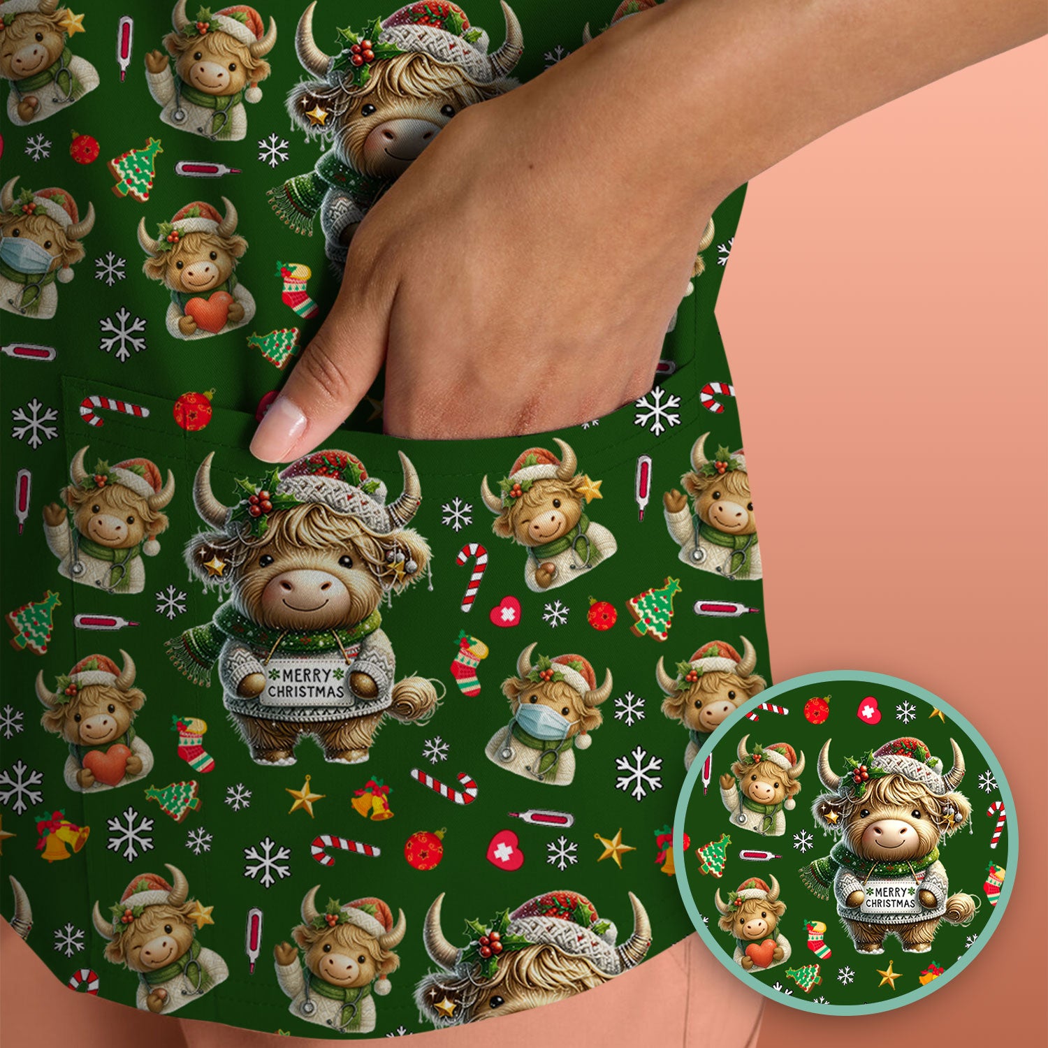 Highland Cow Christmas Scrub Top, Festive Cow Nurse Shirt With Holiday Pattern, Cute Medical Uniform For Women