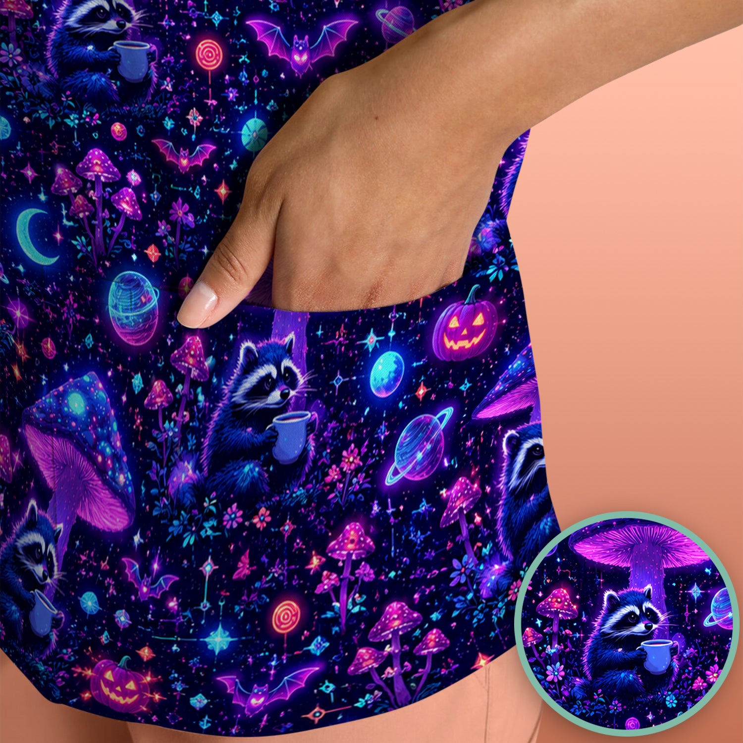 Halloween Raccoon And Mushrooms Scrub Top, Comfortable Scrubs for Nurses